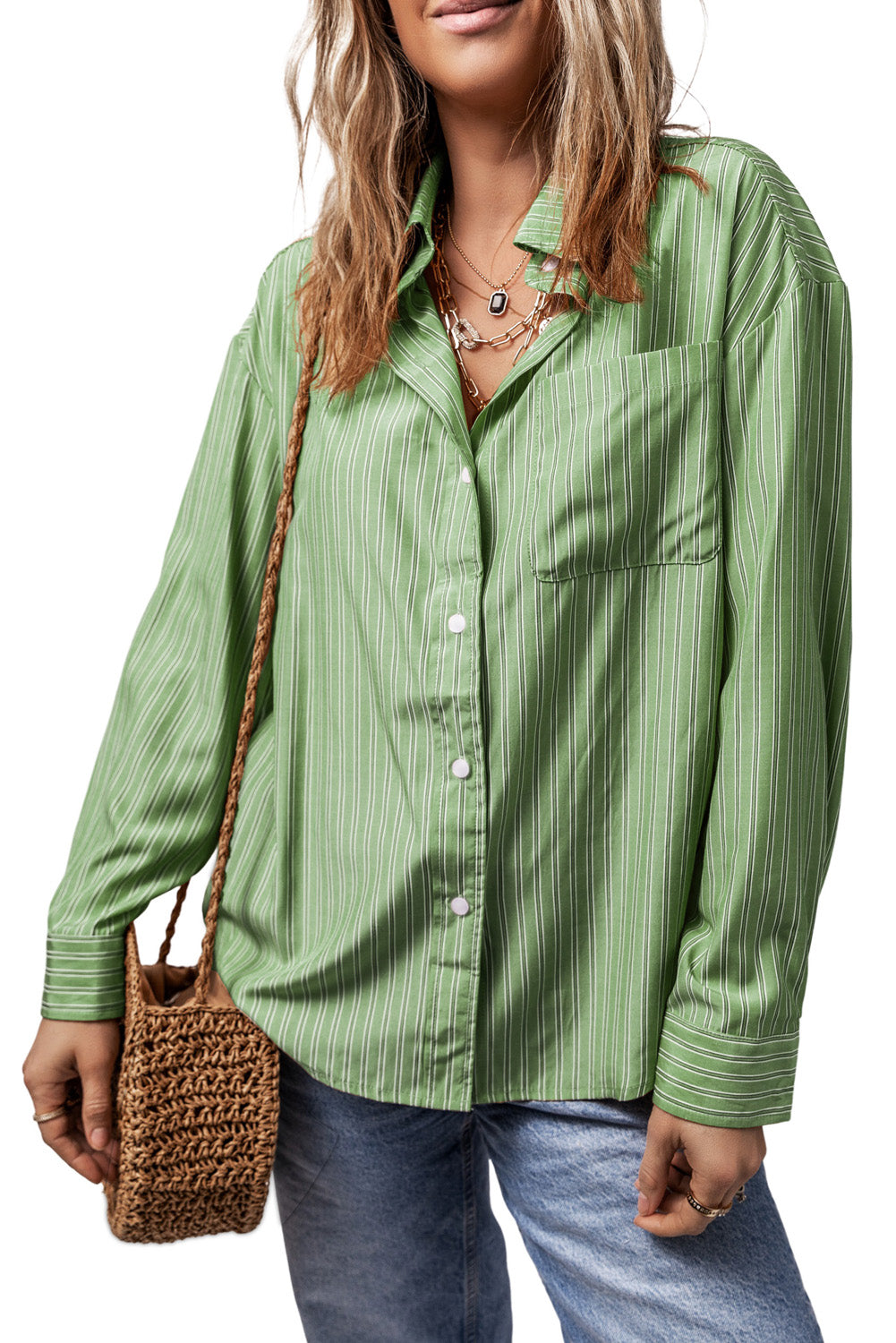 Striped Button Up Long Sleeve Shirt-TOPS / DRESSES-[Adult]-[Female]-Gum Leaf-S-2022 Online Blue Zone Planet