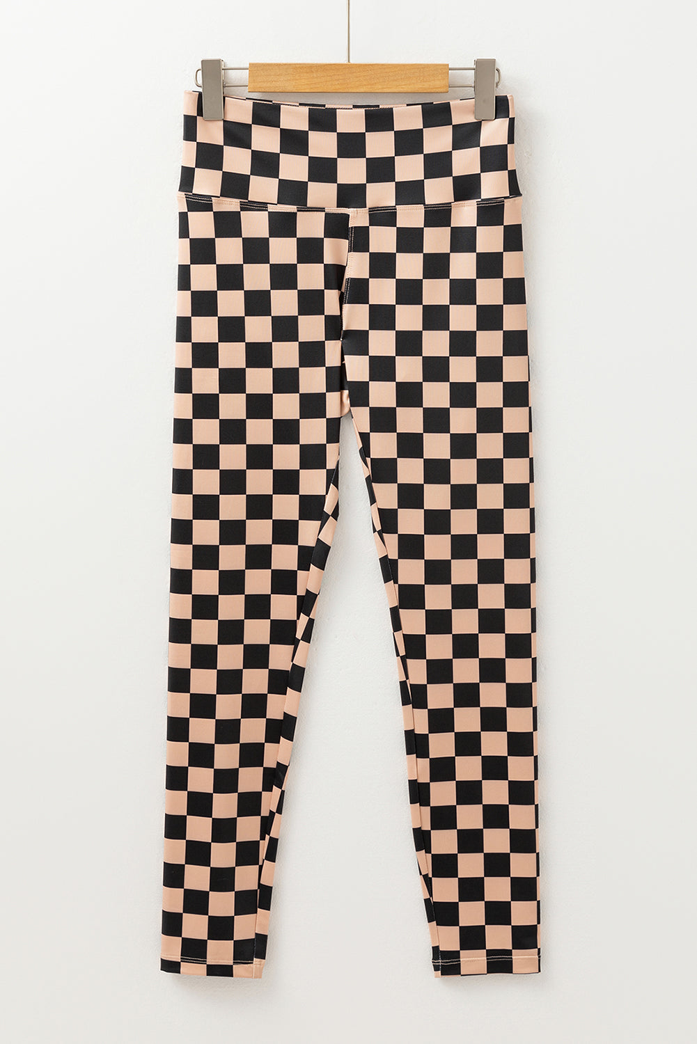 Blue Zone Planet | Khaki Checkered Pattern High Waist Skinny Leggings-Bottoms/Leggings-[Adult]-[Female]-2022 Online Blue Zone Planet