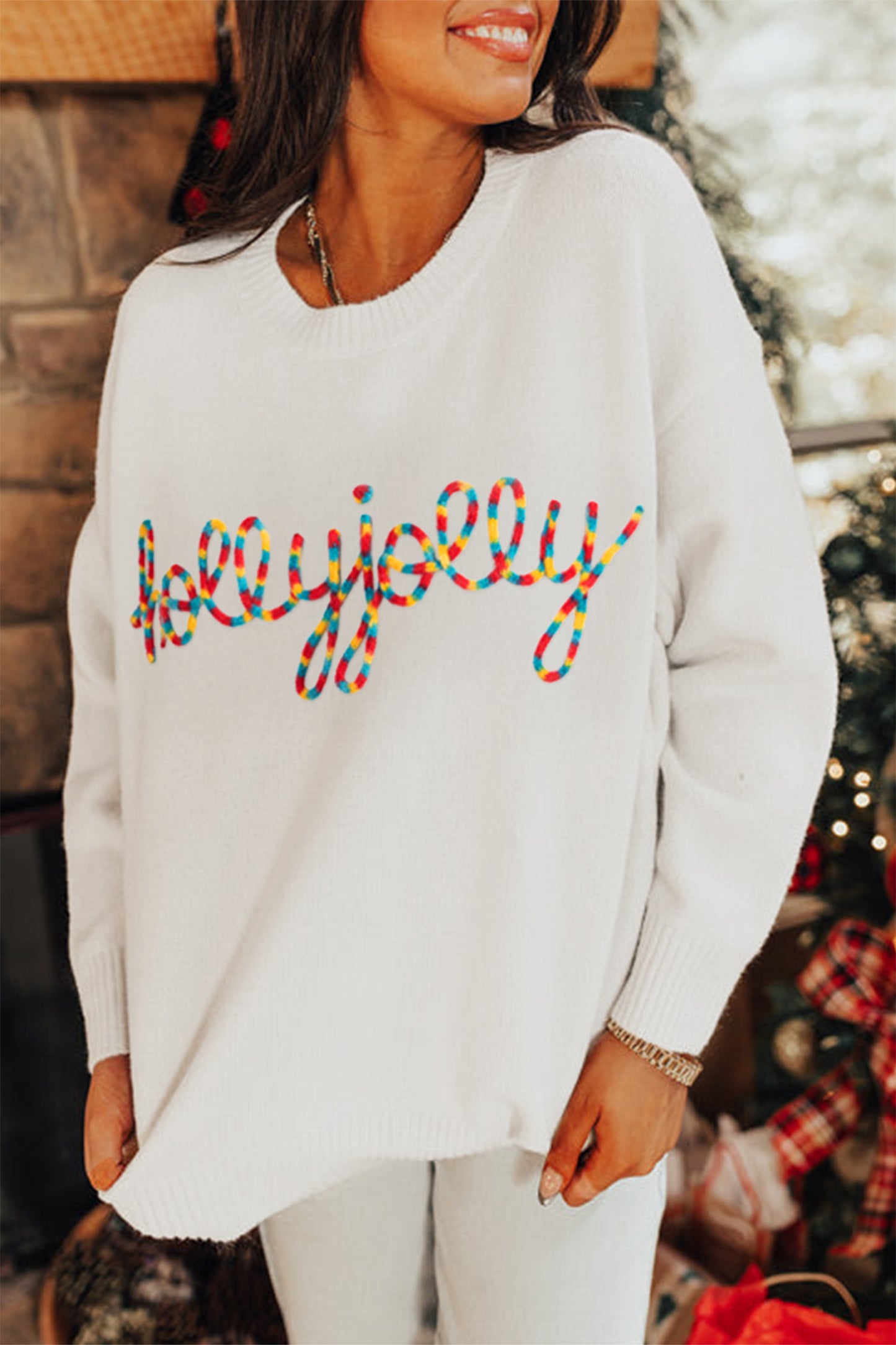 Beige Colorful Holly Jolly Christmas Knit Loose Sweater-TOPS / DRESSES-[Adult]-[Female]-Beige-S-2022 Online Blue Zone Planet