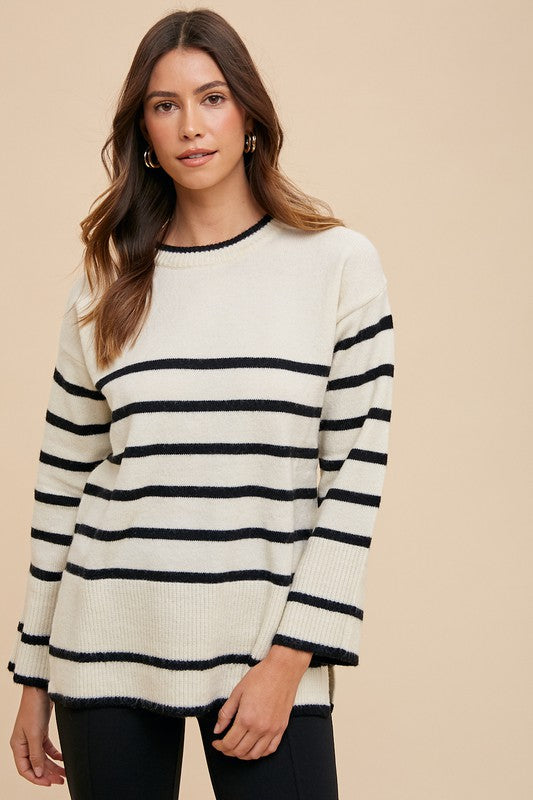 Blue Zone Planet | Annie Wear Side Slit Striped Round Neck Sweater-TOPS / DRESSES-[Adult]-[Female]-2022 Online Blue Zone Planet