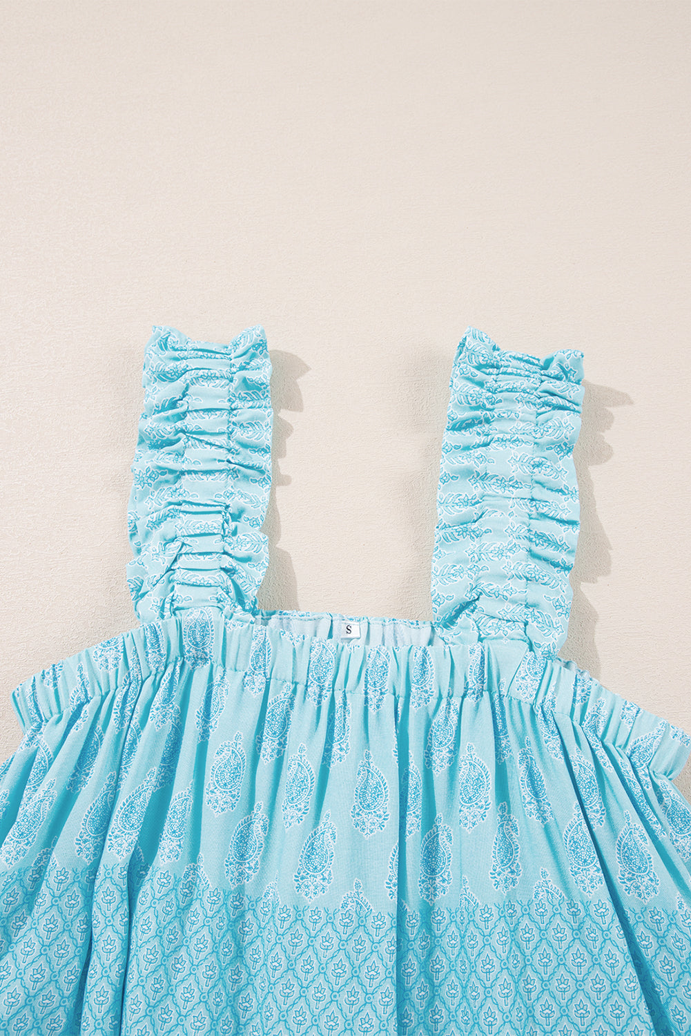 Sky Blue Floral Print Ruffled Wide Strap Loose Top-Sleeveless Shirts-[Adult]-[Female]-2022 Online Blue Zone Planet