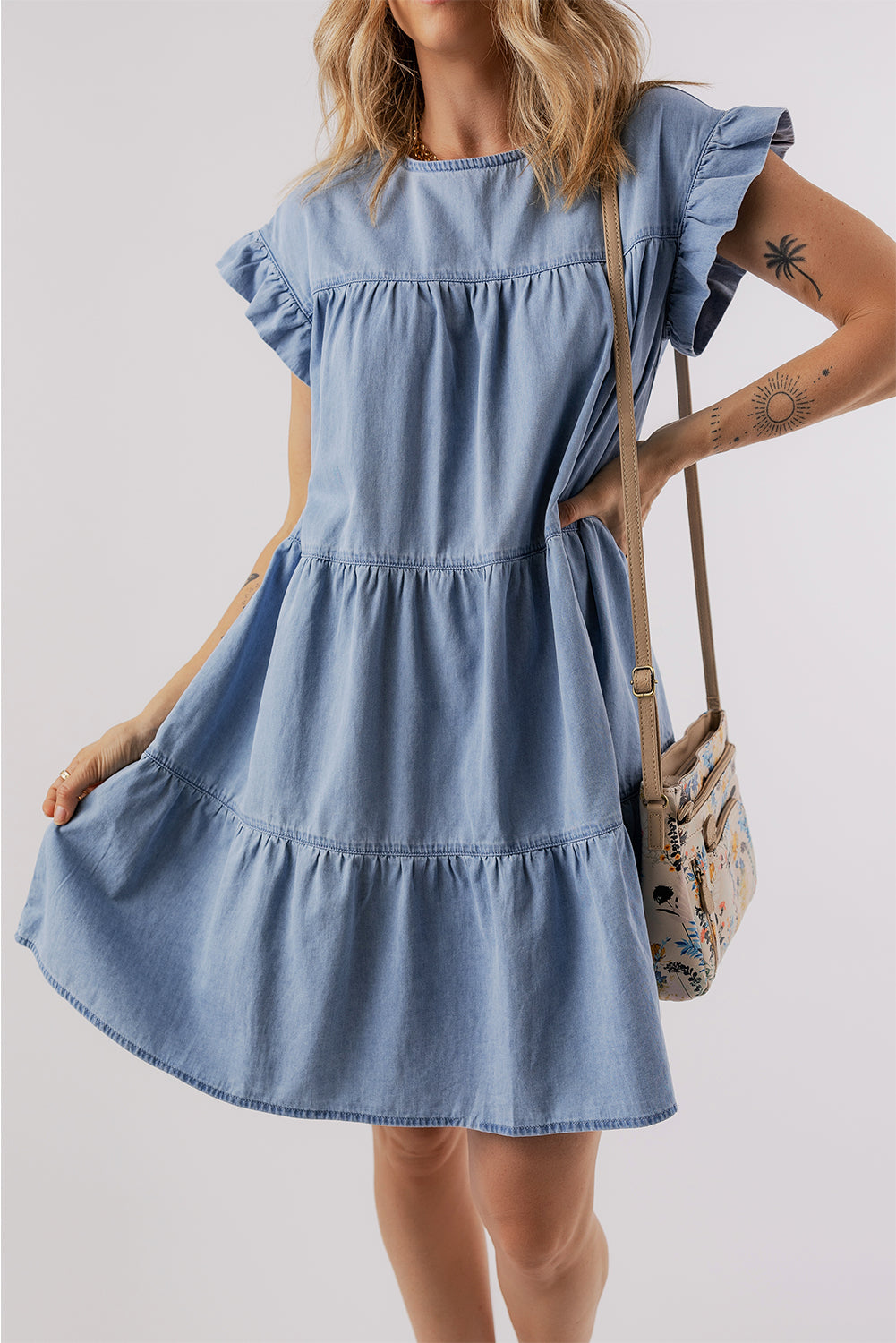 Blue Zone Planet | Beau Blue Ruffle Short Sleeve Tiered A-line Denim Dress-TOPS / DRESSES-[Adult]-[Female]-2022 Online Blue Zone Planet