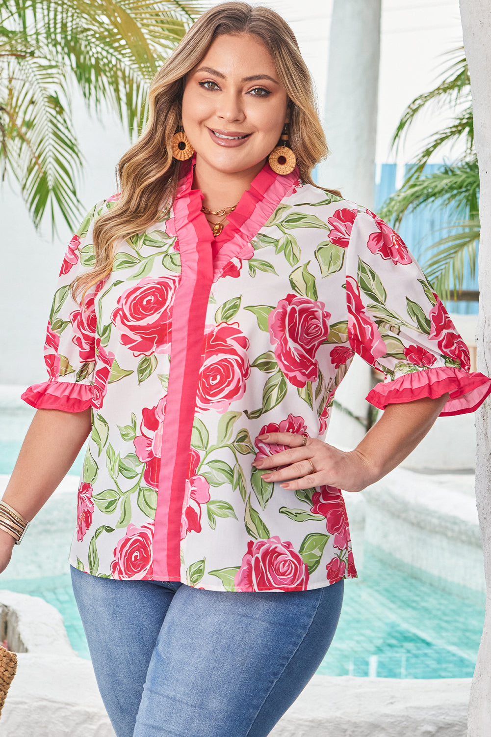 Rose Plus Size Floral Print Frilled Stripes Detail Short Sleeve Blouse-Plus Size/Plus Size Tops/Plus Size Blouses & Shirts-[Adult]-[Female]-2022 Online Blue Zone Planet
