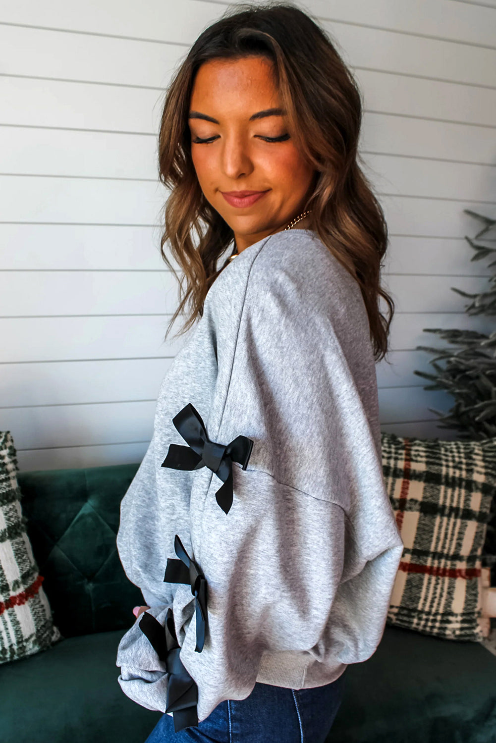 Light Grey Contrast Bow Applique Drop Sleeve Round Neck Sweatshirt-Tops/Sweatshirts & Hoodies-[Adult]-[Female]-2022 Online Blue Zone Planet
