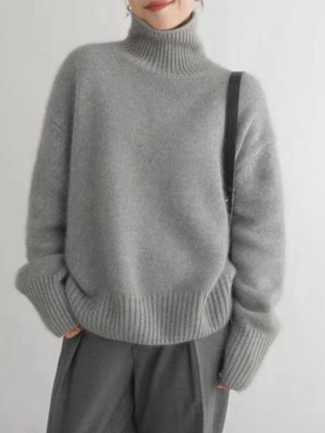 Turtleneck Dropped Shoulder Long Sleeve Sweater-[Adult]-[Female]-2022 Online Blue Zone Planet