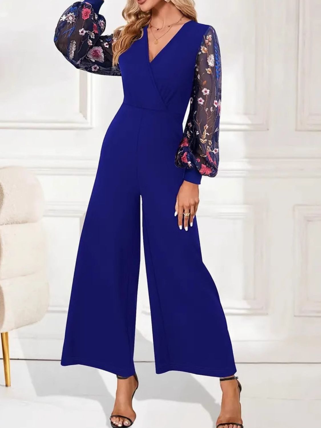 Blue Zone Planet | Surplice Embroidered Long Sleeve Wide Leg Jumpsuit-TOPS / DRESSES-[Adult]-[Female]-2022 Online Blue Zone Planet