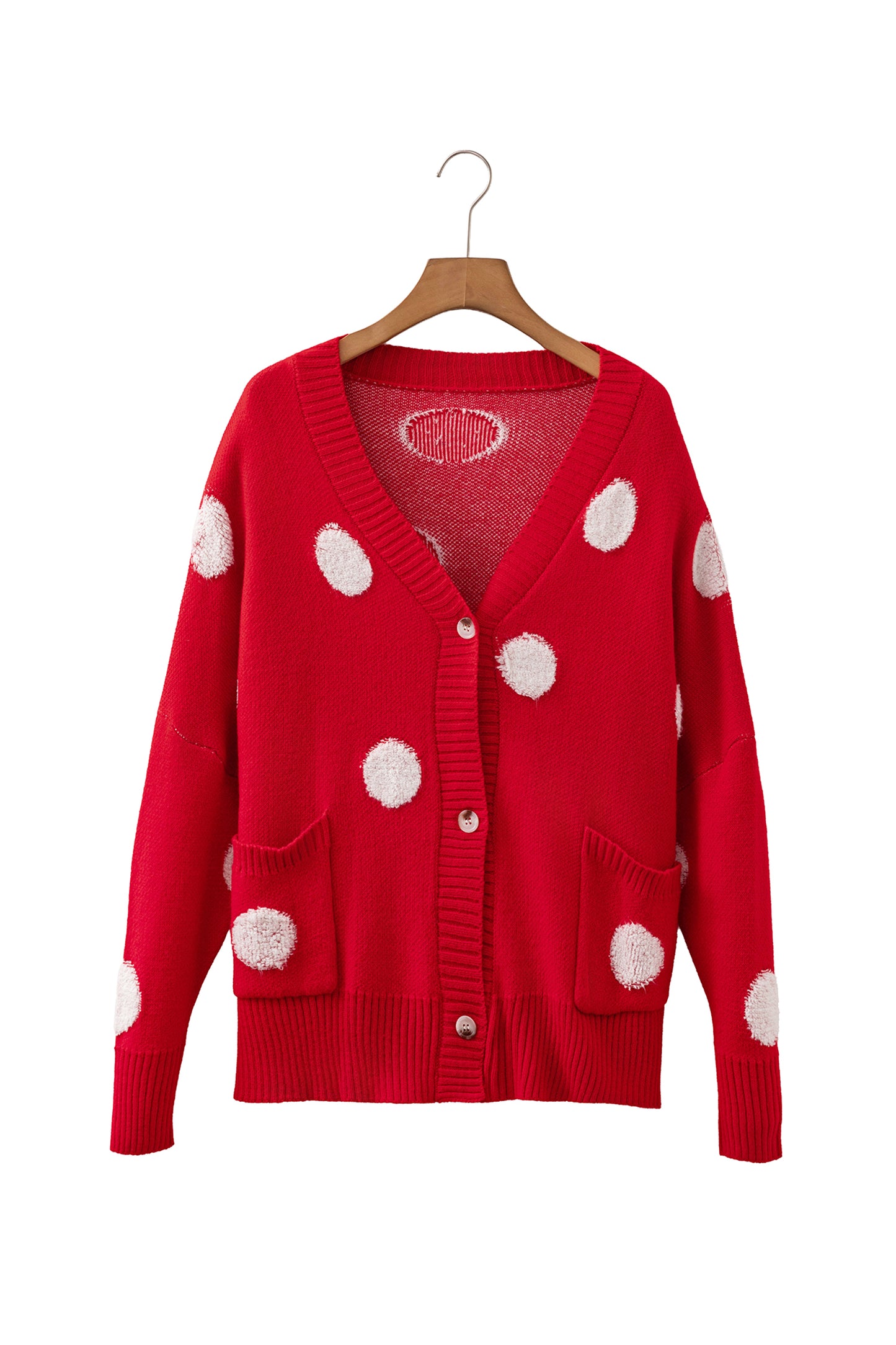 Beige Polka Dot Button Front Oversized V Neck Cardigan-Sweaters & Cardigans/Cardigans-[Adult]-[Female]-2022 Online Blue Zone Planet