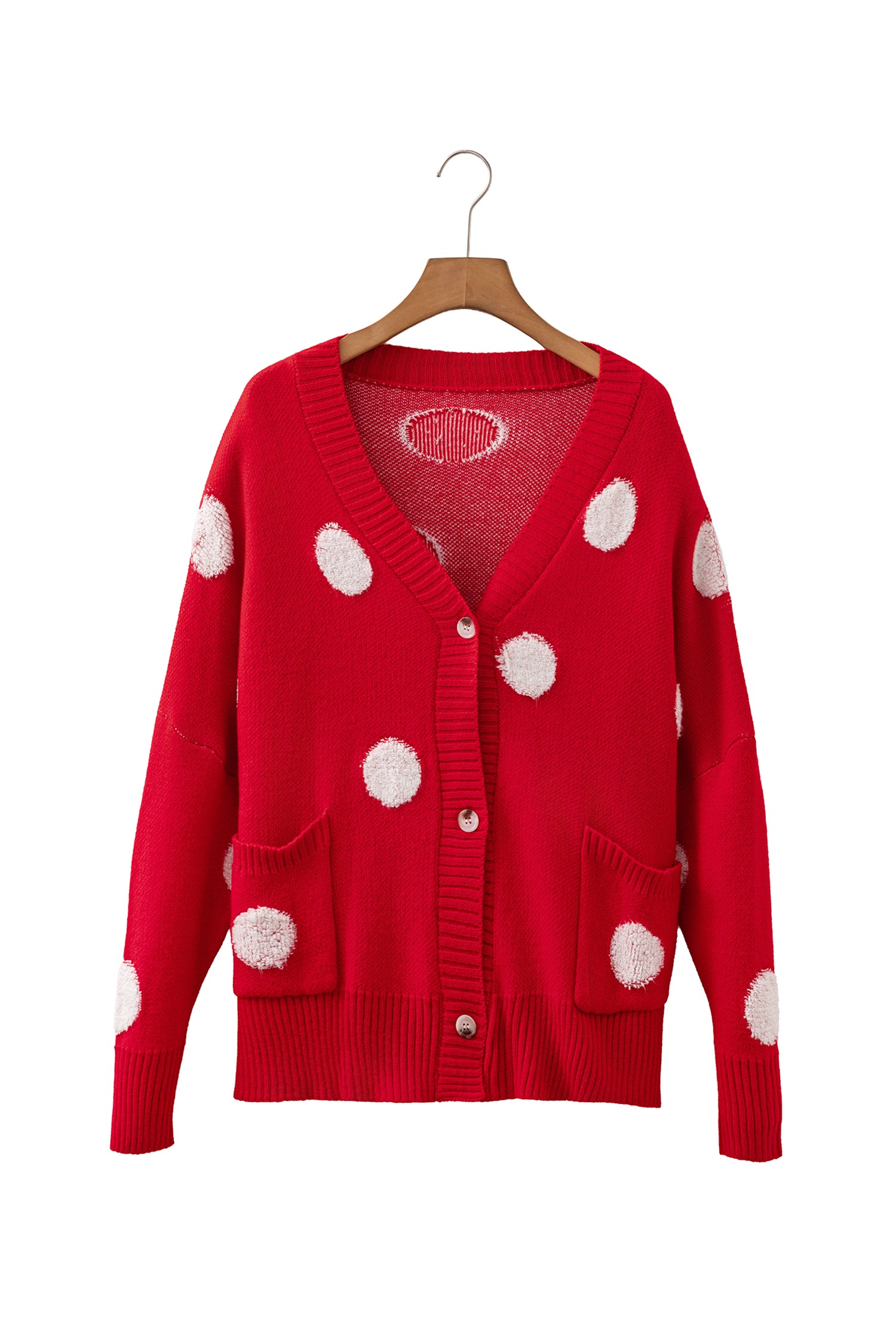 Beige Polka Dot Button Front Oversized V Neck Cardigan-Sweaters & Cardigans/Cardigans-[Adult]-[Female]-2022 Online Blue Zone Planet
