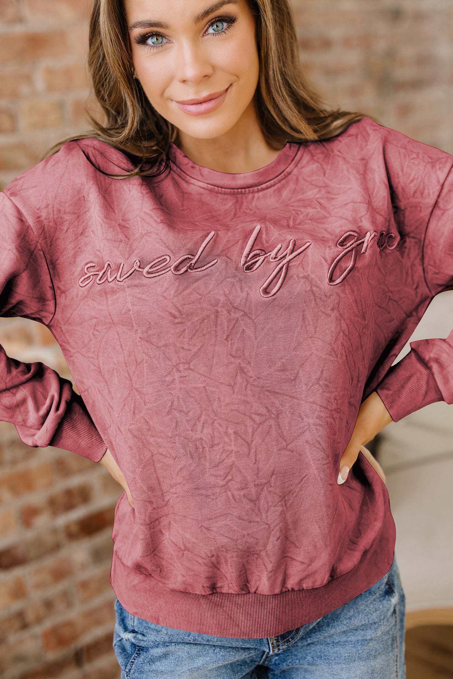 Mineral Red Saved By Grace Letter Embroidery Mineral Wash Loose Sweatshirt