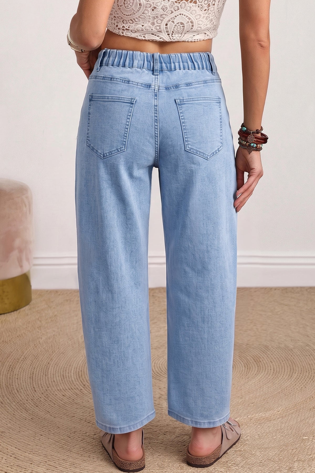 Beau Blue Solid Color Square Patch Pocket Ankle-length Barrel Jeans-Bottoms/Jeans-[Adult]-[Female]-2022 Online Blue Zone Planet