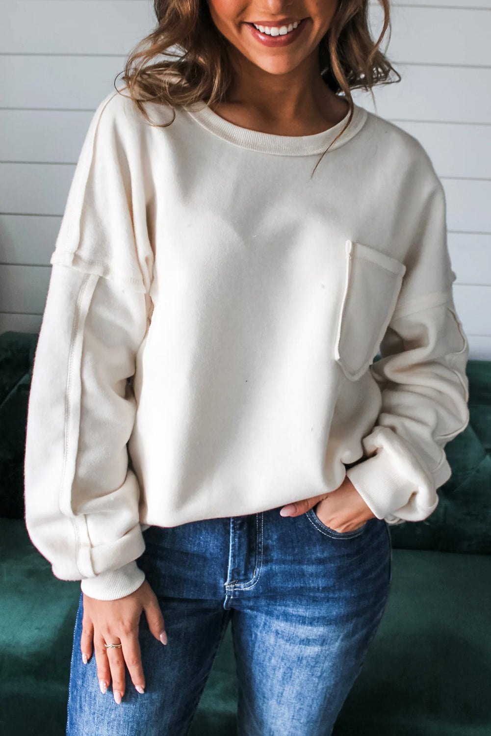 White Exposed Seam Chest Pocket Knit Pullover Sweatshirt-Tops/Sweatshirts & Hoodies-[Adult]-[Female]-White-S-2022 Online Blue Zone Planet