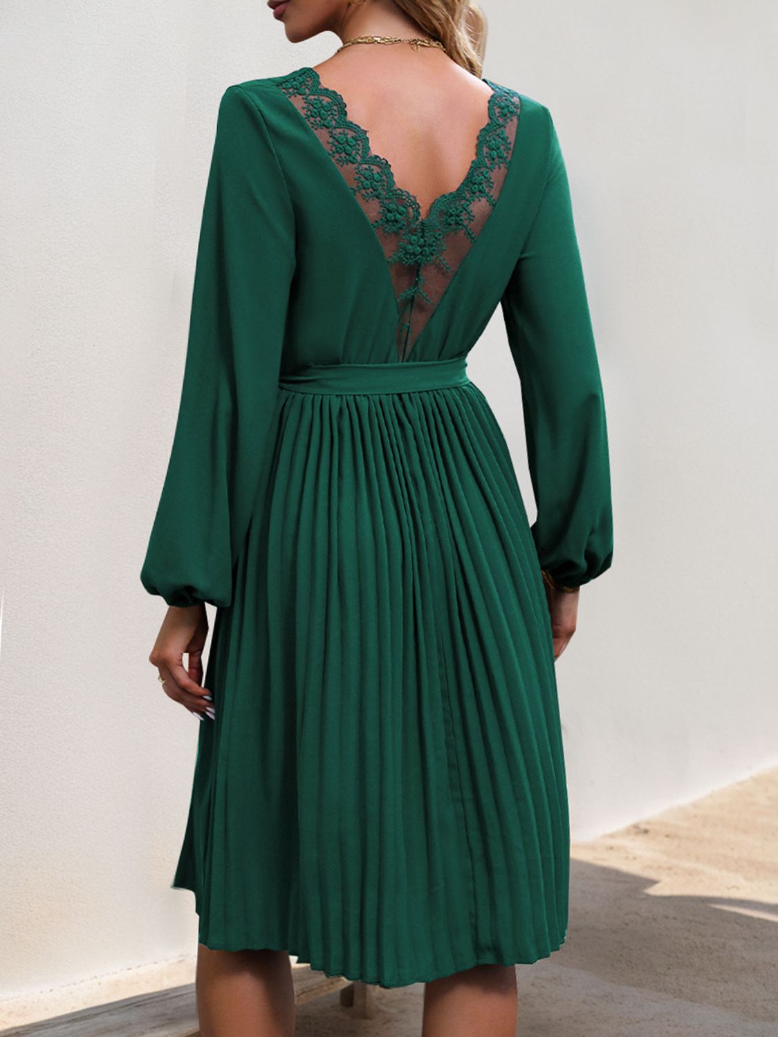 Blue Zone Planet | Lace V-Neck Long Sleeve Pleated Dress-TOPS / DRESSES-[Adult]-[Female]-Dark Green-S-2022 Online Blue Zone Planet