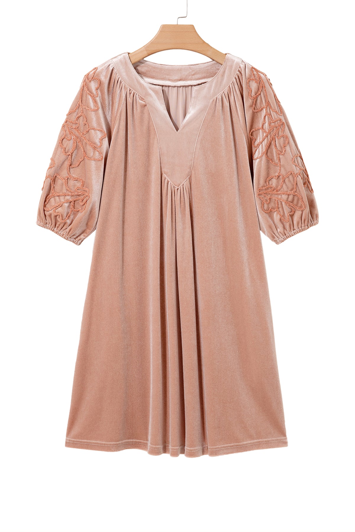 Light French Beige Embroidered Sleeve Velvet Mini Shift Dress-TOPS / DRESSES-[Adult]-[Female]-2022 Online Blue Zone Planet