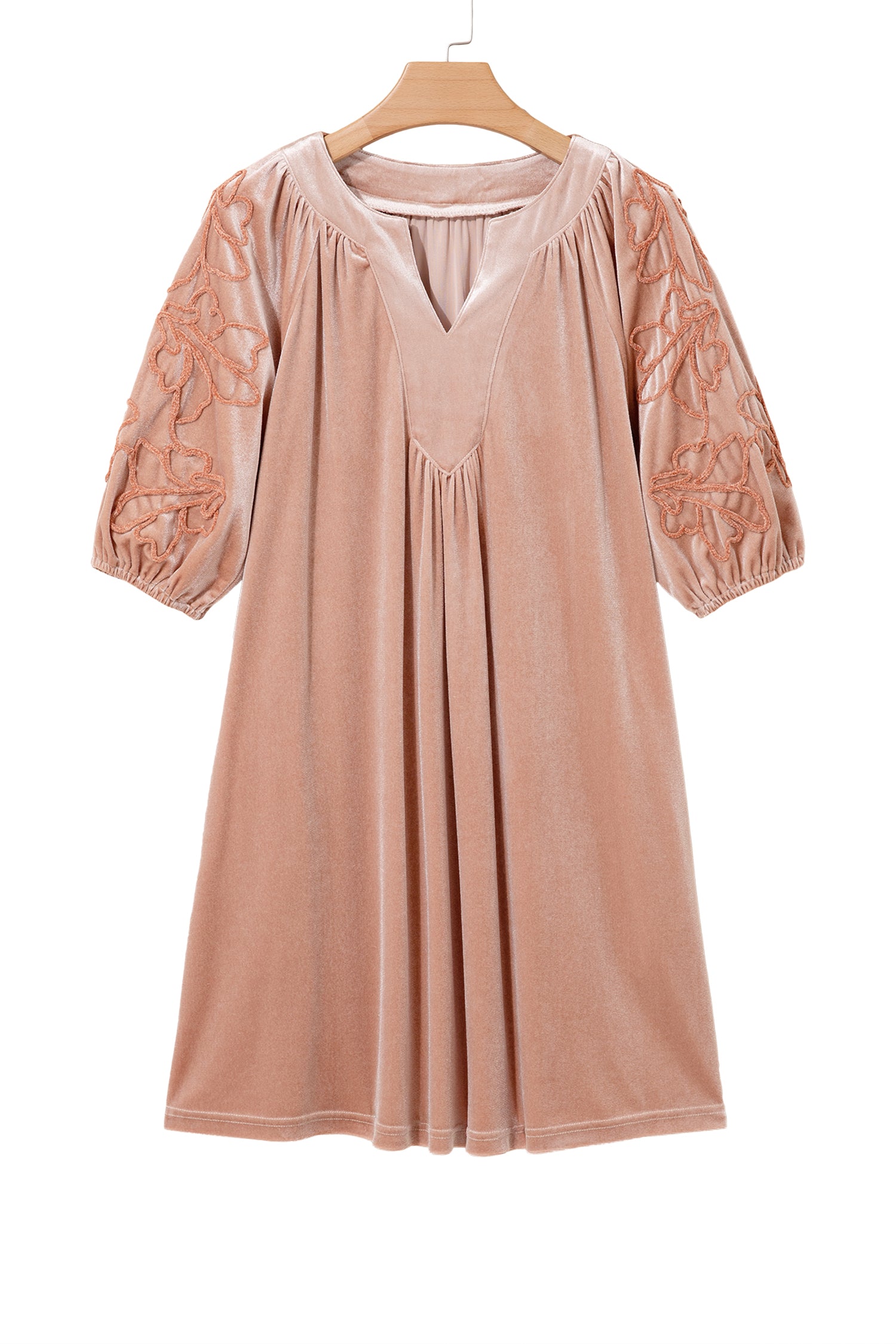 Light French Beige Embroidered Sleeve Velvet Mini Shift Dress-TOPS / DRESSES-[Adult]-[Female]-2022 Online Blue Zone Planet