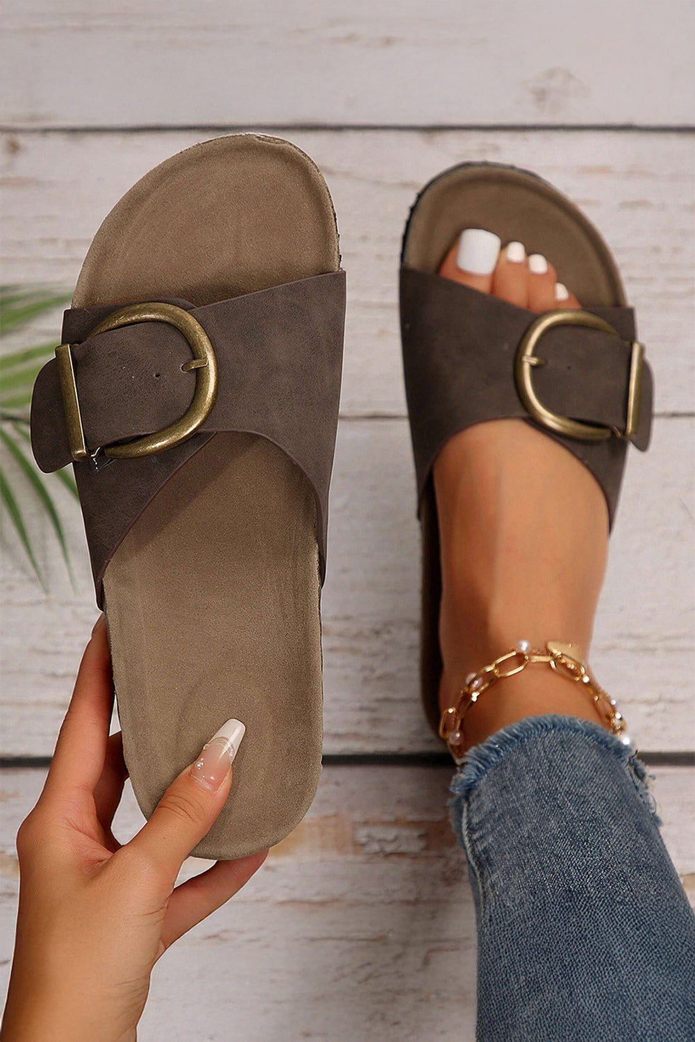 Coffee Buckle Decor Faux Suede Thick Sole Slippers-Shoes & Bags/Slippers-[Adult]-[Female]-Coffee-37-2022 Online Blue Zone Planet
