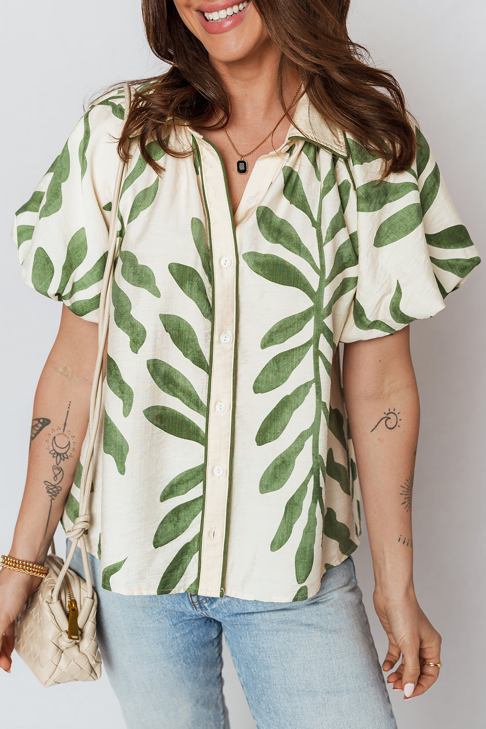 Green Leaf Print Short Balloon Sleeve Shirt-Tops/Blouses & Shirts-[Adult]-[Female]-Green-S-2022 Online Blue Zone Planet