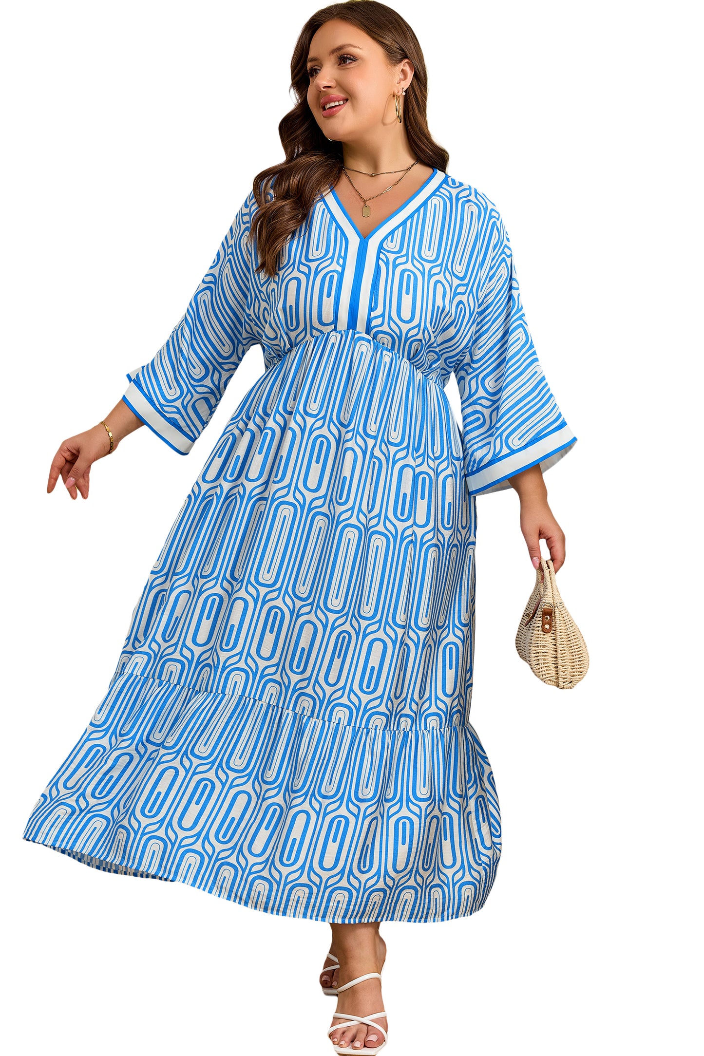 Sky Blue Plus Size Geometric Print Contrast Trim V Neck Bracelet Sleeve Long Dress-Bracelet-[Adult]-[Female]-2022 Online Blue Zone Planet