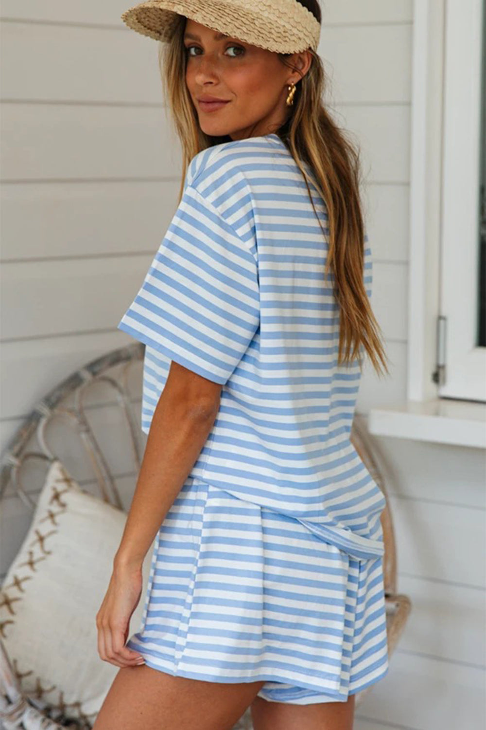 Striped Round Neck Top and Shorts Set-TOPS / DRESSES-[Adult]-[Female]-2022 Online Blue Zone Planet