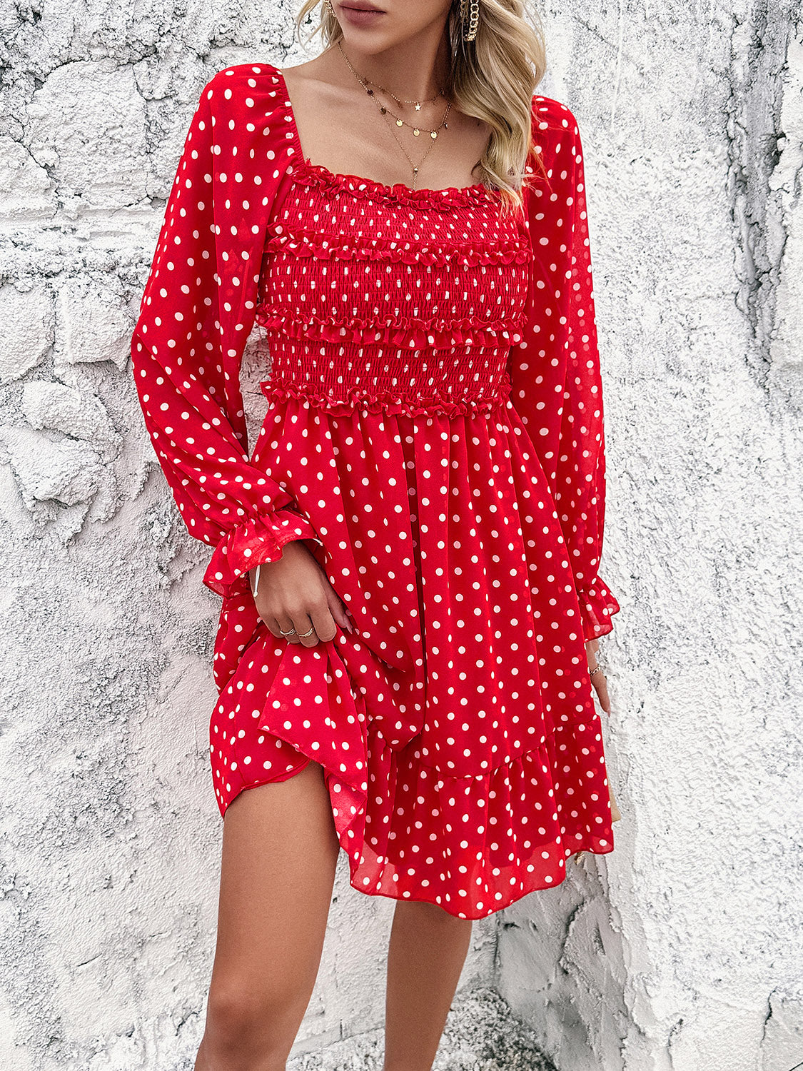 Smocked Polka Dot Long Sleeve Dress-TOPS / DRESSES-[Adult]-[Female]-2022 Online Blue Zone Planet