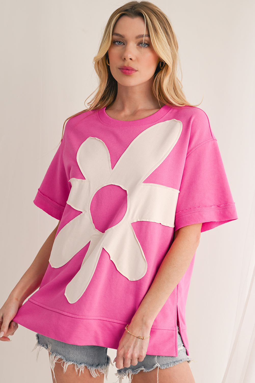 Sachet Pink 60s Flower Applique Slits T-Shirt-T Shirts-[Adult]-[Female]-2022 Online Blue Zone Planet