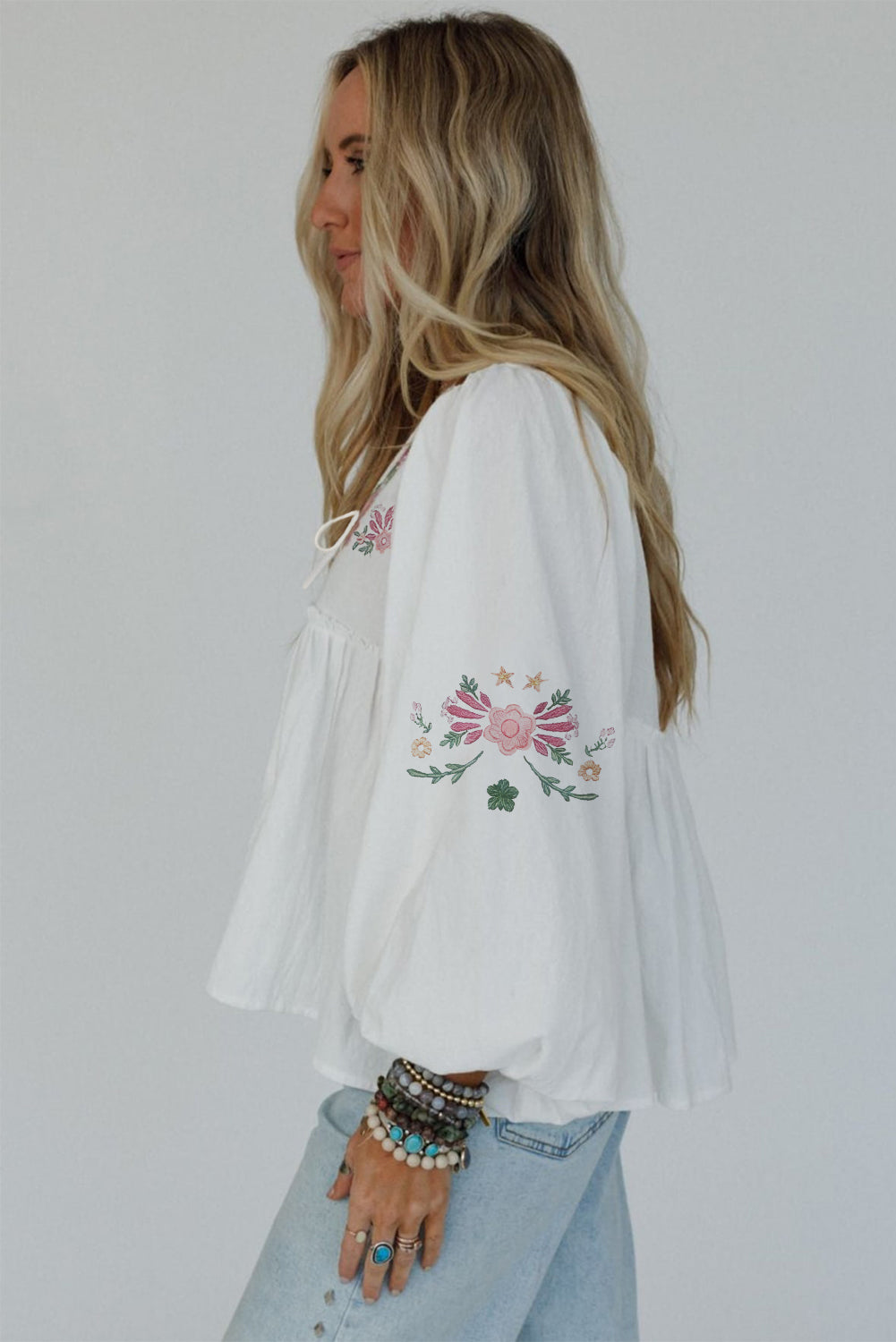 White Flower Lace-Up V Neck Babydoll Blouse-Tops/Blouses & Shirts-[Adult]-[Female]-2022 Online Blue Zone Planet