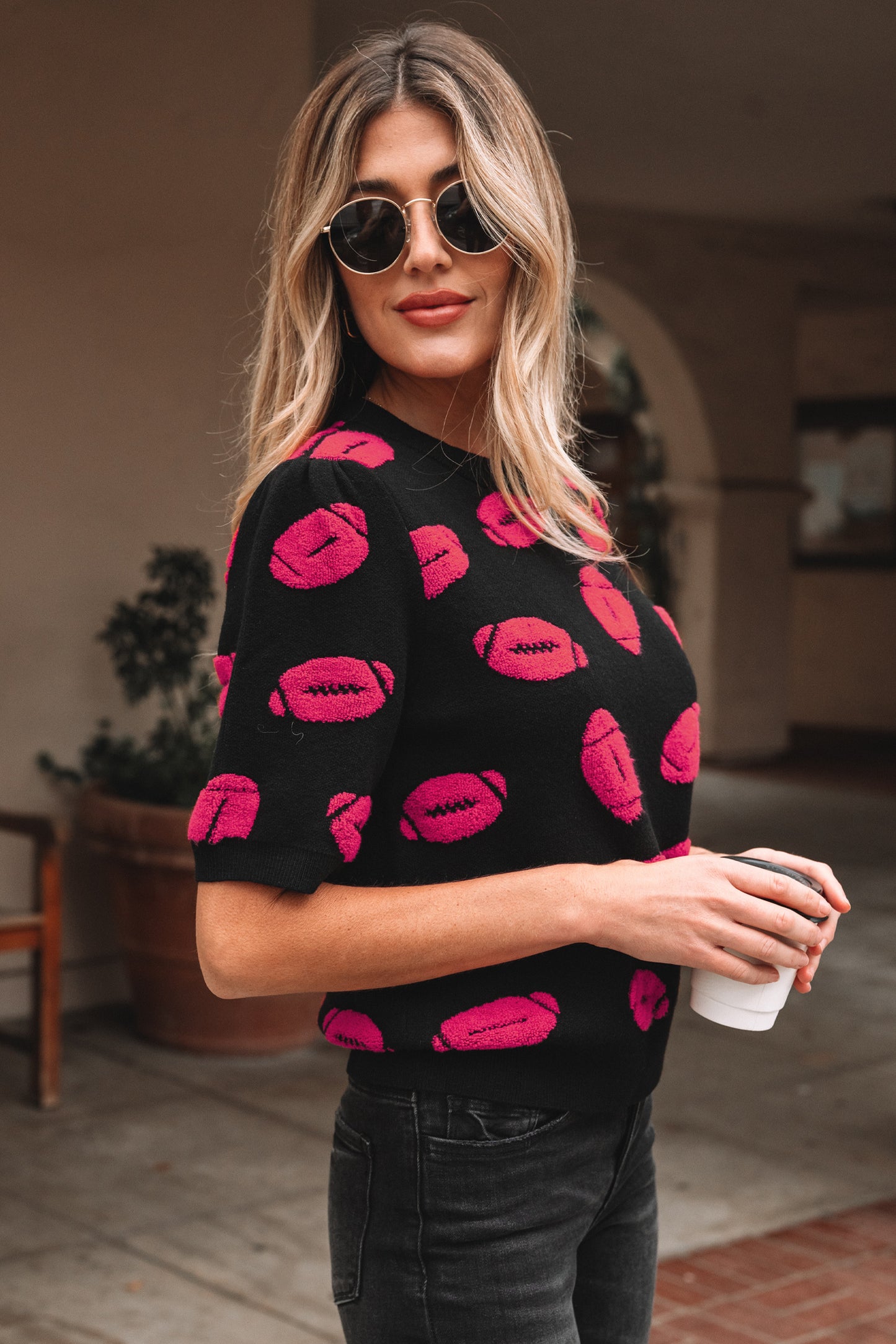 Black Rugby Print Casual Knit Short Sleeve Sweater-TOPS / DRESSES-[Adult]-[Female]-2022 Online Blue Zone Planet