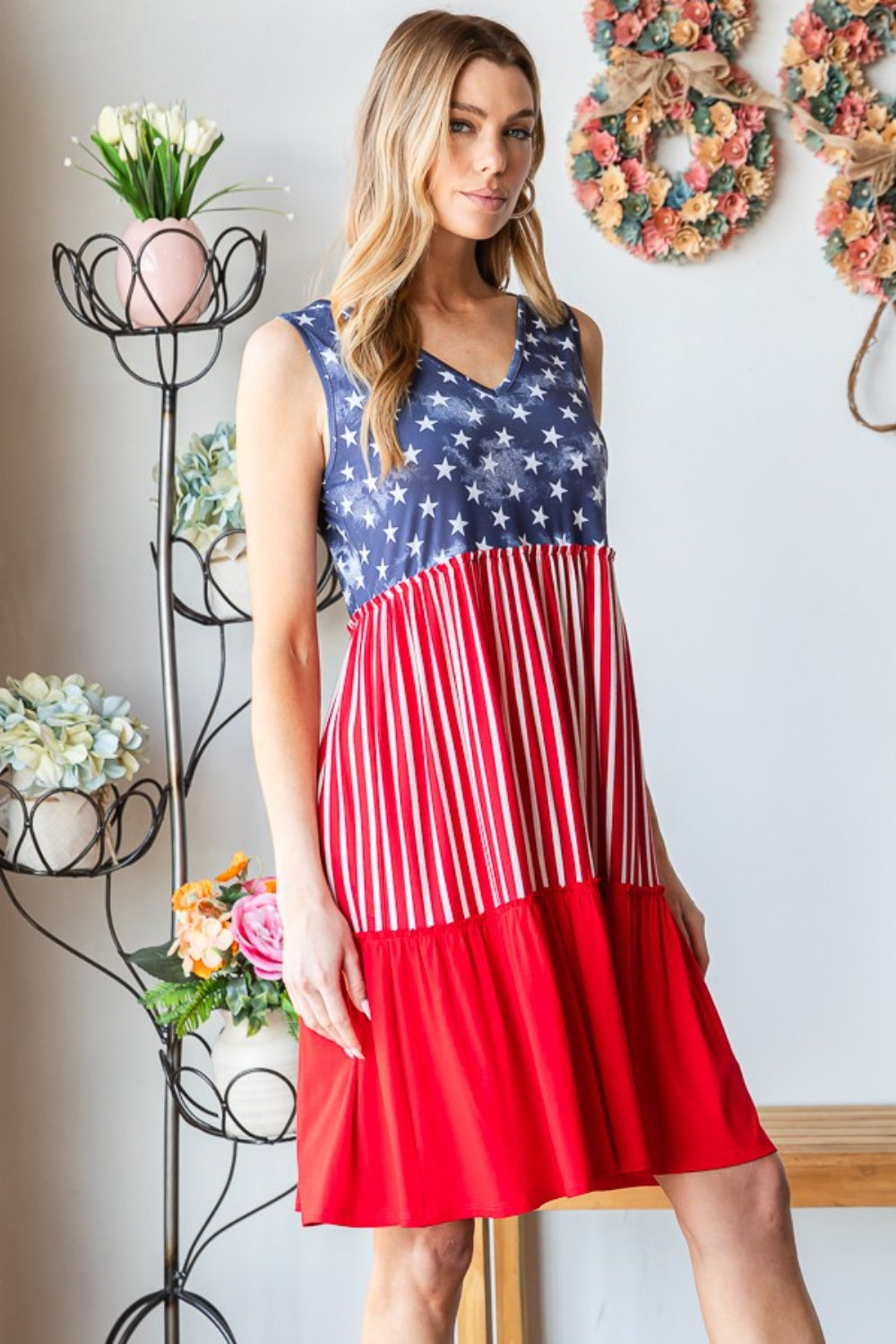 Heimish Full Size US Flag Theme Contrast Tank Dress BLUE ZONE PLANET