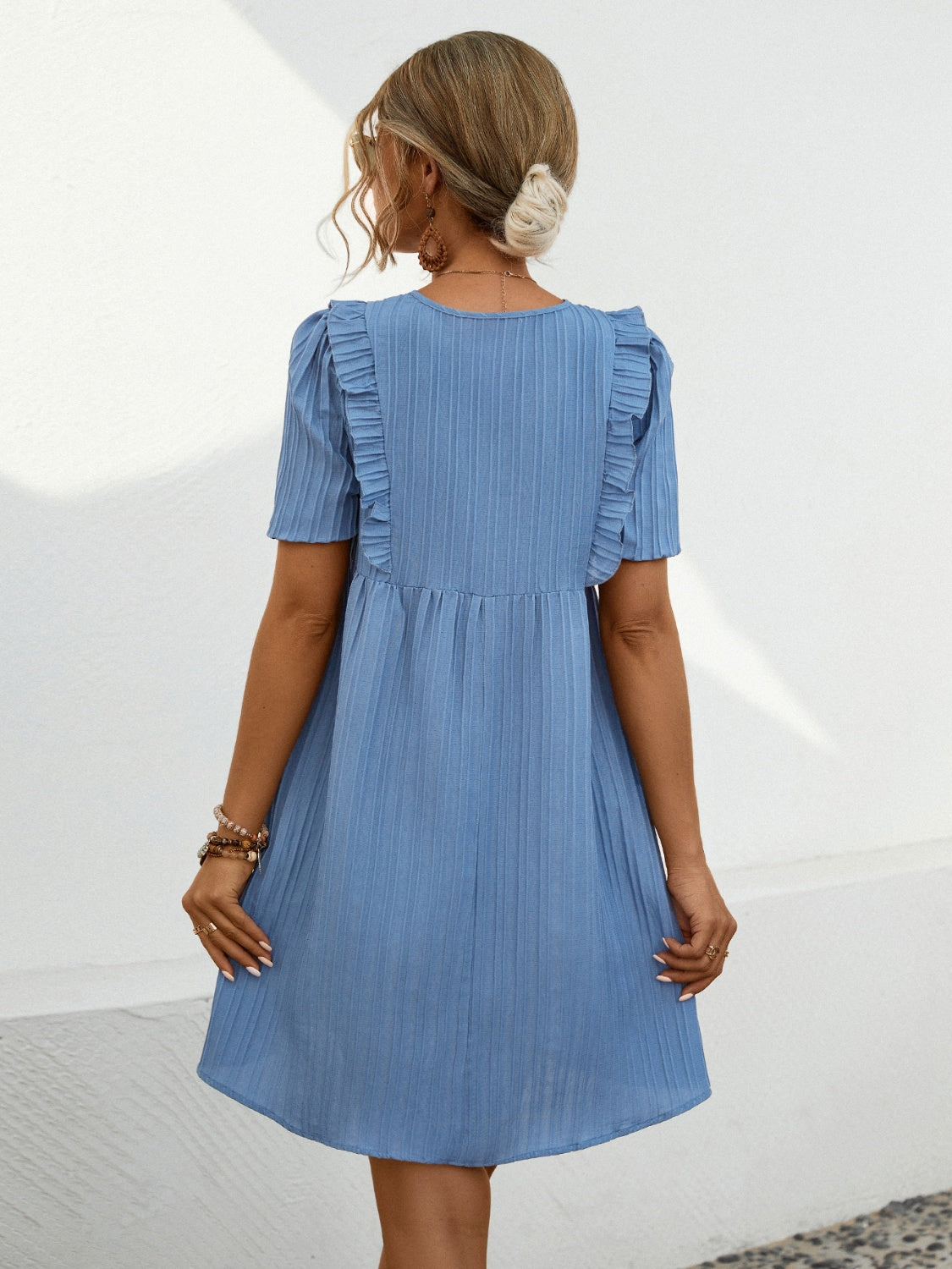 Tie Neck Short Sleeve Mini Dress-TOPS / DRESSES-[Adult]-[Female]-2022 Online Blue Zone Planet