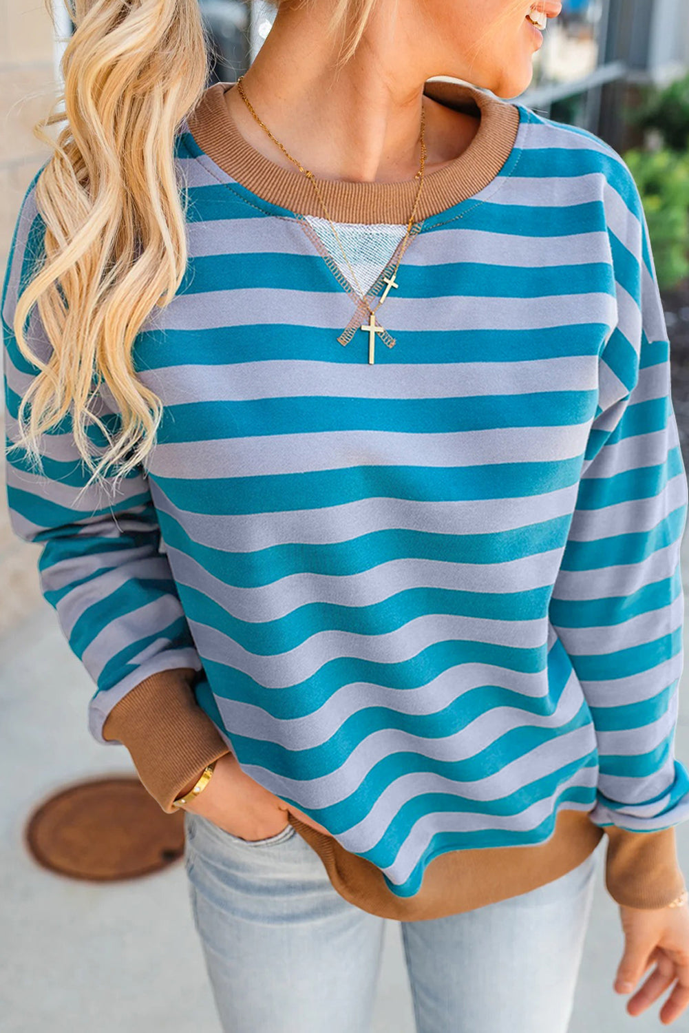Sky Blue Stripe Contrast Color Ribbed Trim Round Neck Drop Shoulder Sweatshirt-Tops/Sweatshirts & Hoodies-[Adult]-[Female]-Sky Blue Stripe-S-2022 Online Blue Zone Planet
