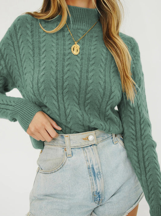 Cable Knit Turtleneck Long Sleeve Sweater-TOPS / DRESSES-[Adult]-[Female]-Turquoise-One Size-2022 Online Blue Zone Planet