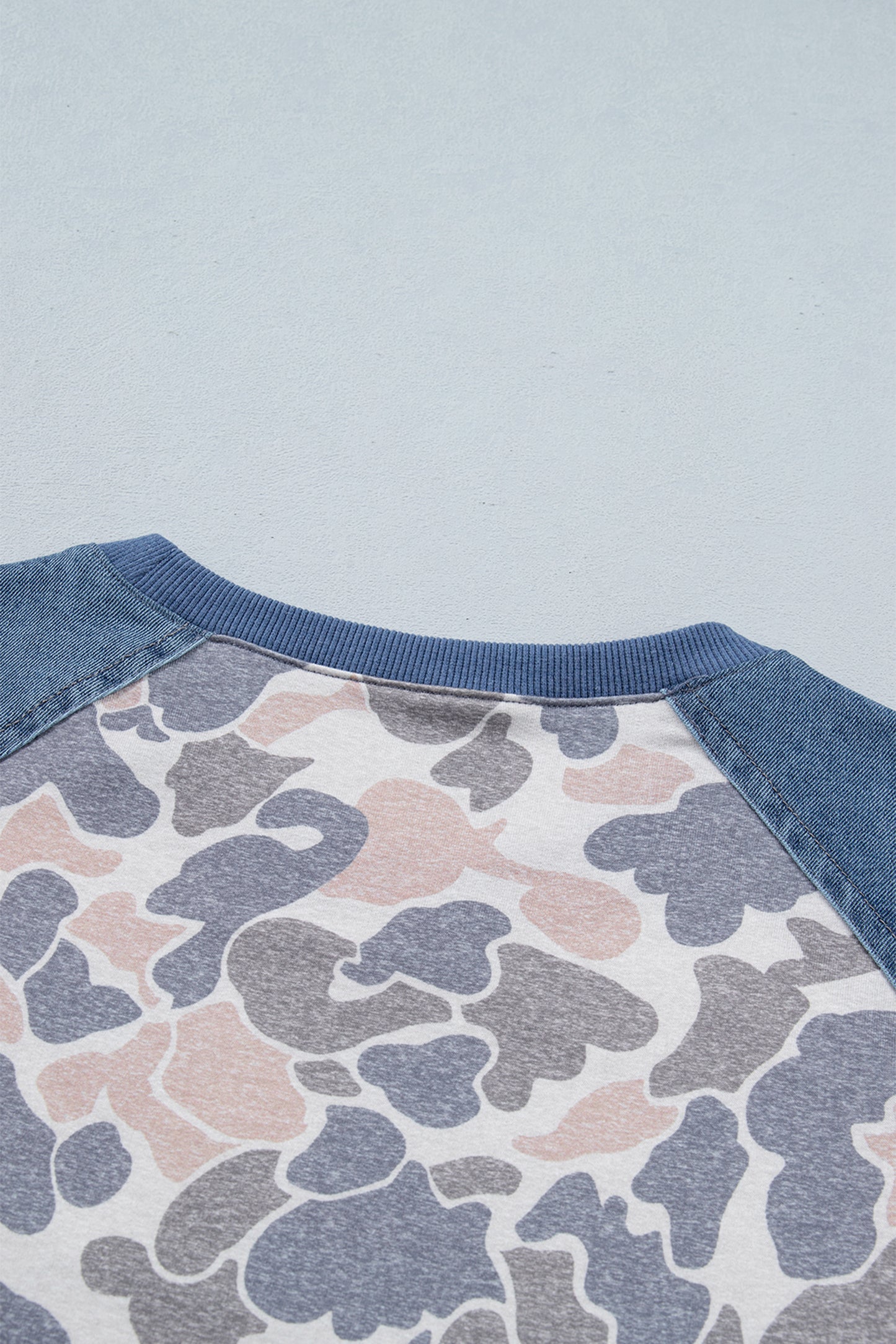Multicolour Camouflage Print Denim Color Block Sleeve Casual Tee-Tops/Tops & Tees-[Adult]-[Female]-2022 Online Blue Zone Planet