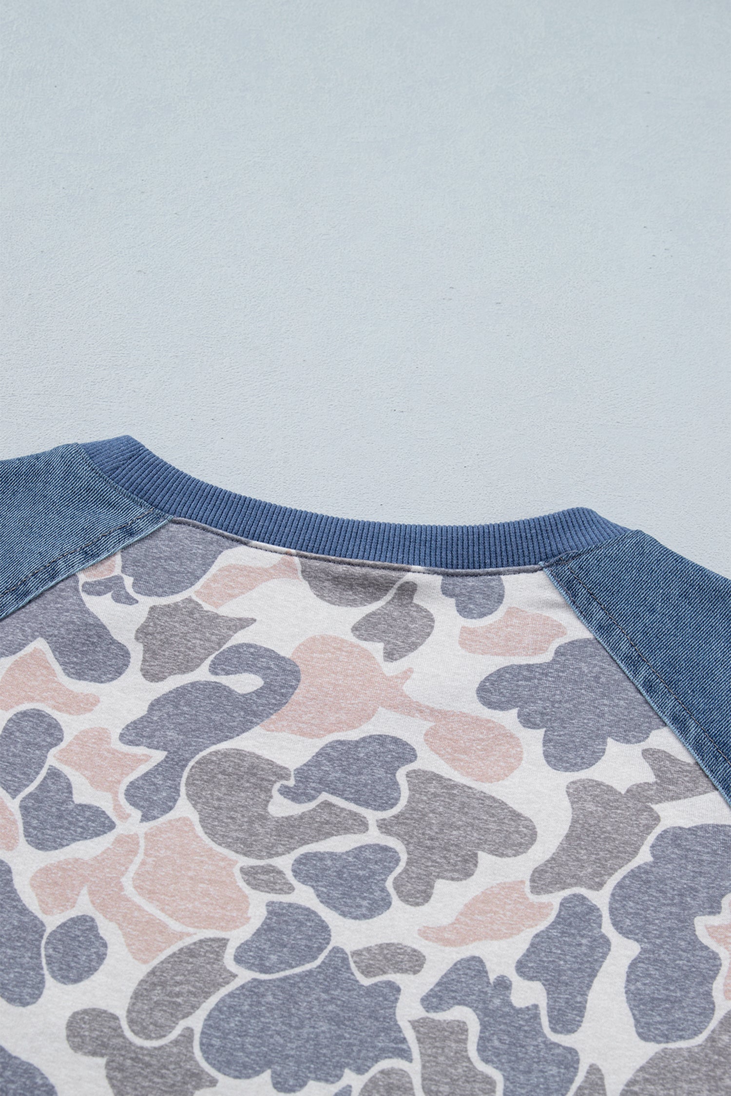 Multicolour Camouflage Print Denim Color Block Sleeve Casual Tee-Tops/Tops & Tees-[Adult]-[Female]-2022 Online Blue Zone Planet