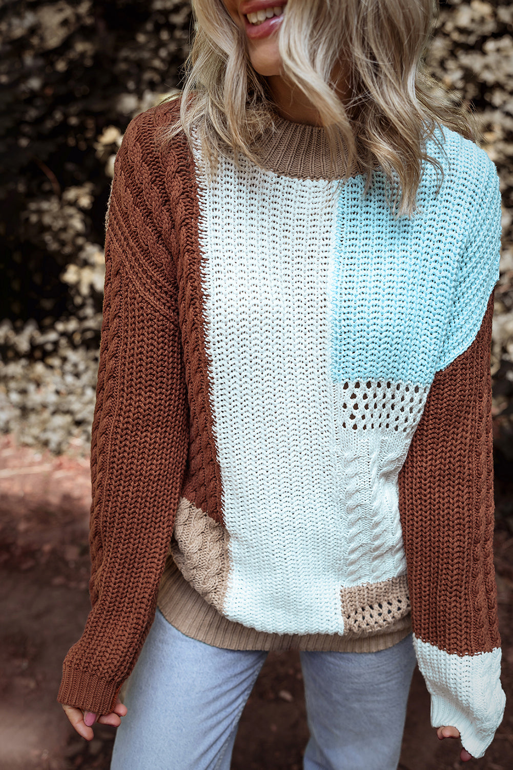 Blue Zone Planet | Khaki Mix Textured Knit Colorblock Patchwork Sweater-Sweaters & Cardigans/Sweaters-[Adult]-[Female]-Khaki-S-2022 Online Blue Zone Planet