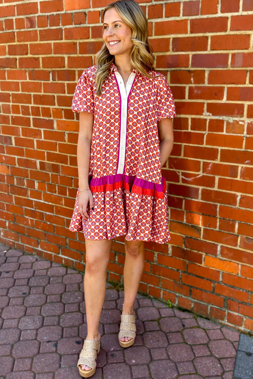 Orange Geometric Floral Print Color Block Trim Button Front Ruffle Hem Dress-TOPS / DRESSES-[Adult]-[Female]-2022 Online Blue Zone Planet