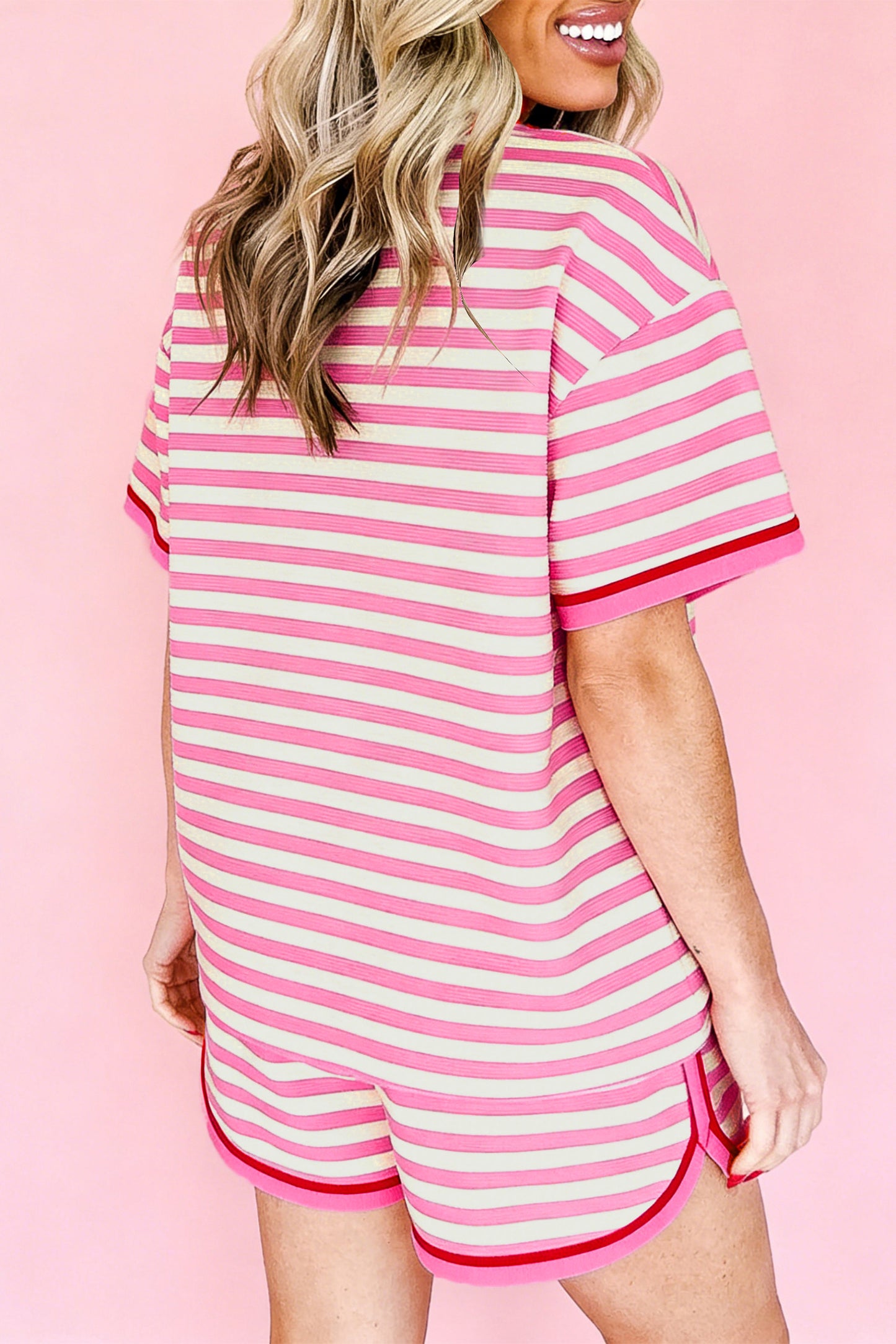 Pink Stripe Contrast Trim Short Sleeve Top Loose Shorts 2pcs Casual Outfit-Two Piece Sets/Short Sets-[Adult]-[Female]-2022 Online Blue Zone Planet