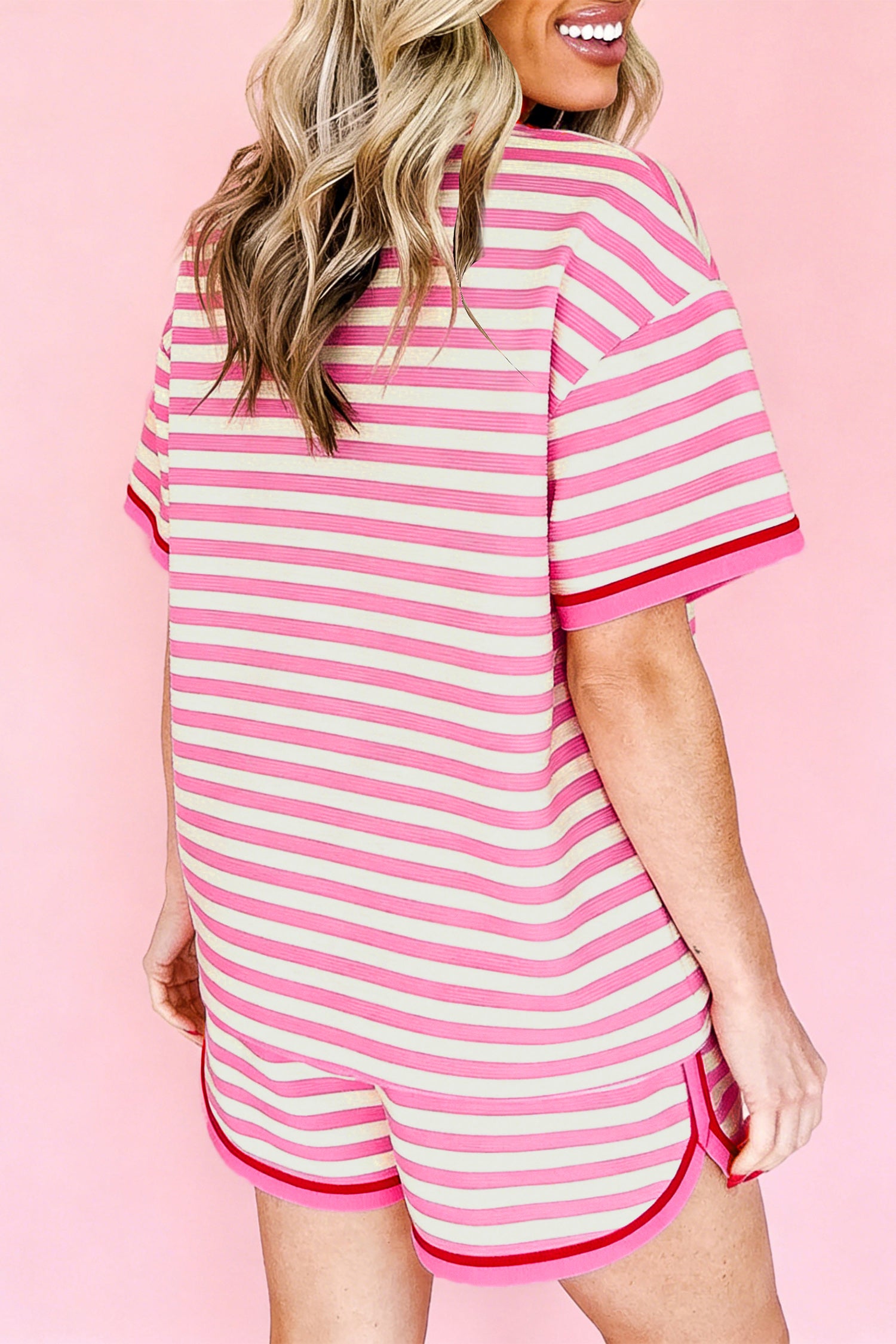 Pink Stripe Contrast Trim Short Sleeve Top Loose Shorts 2pcs Casual Outfit-Two Piece Sets/Short Sets-[Adult]-[Female]-2022 Online Blue Zone Planet