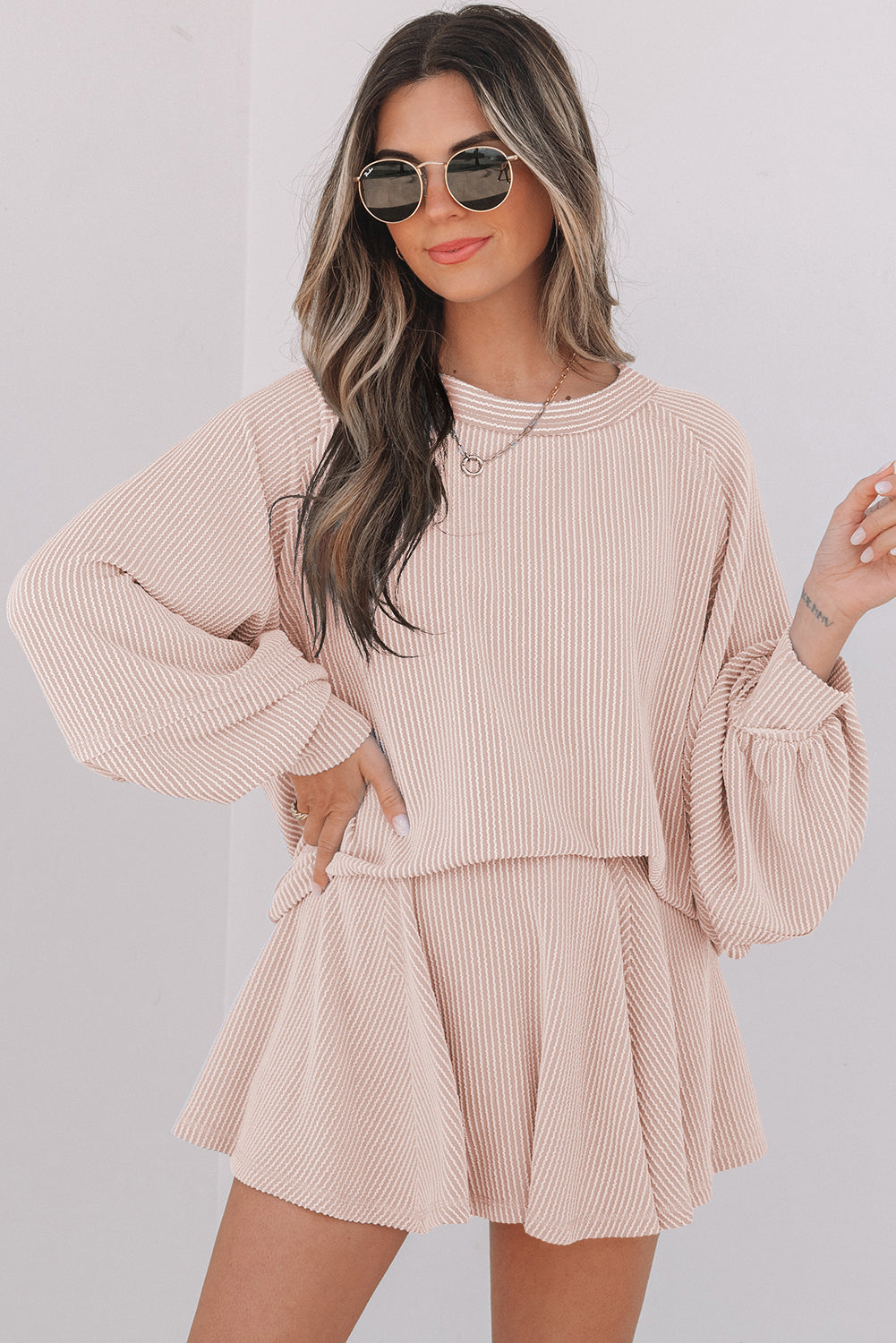 Blue Zone Planet | Jet Stream Corded Lantern Sleeve Top High Waist Ruffled Mini Skirt Set-Two Piece Sets/Two Piece Dresses-[Adult]-[Female]-2022 Online Blue Zone Planet