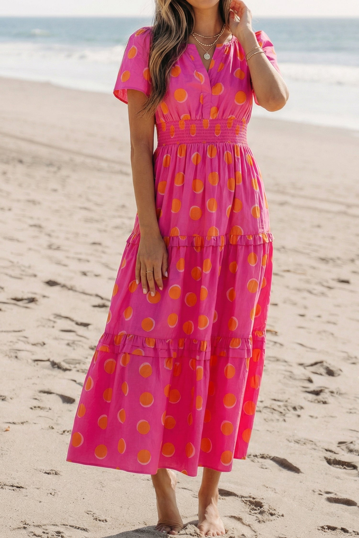 Rose Double Polka Dot Short Sleeve Shirred High Waist Midi Dress-Dresses/Midi Dresses-[Adult]-[Female]-2022 Online Blue Zone Planet