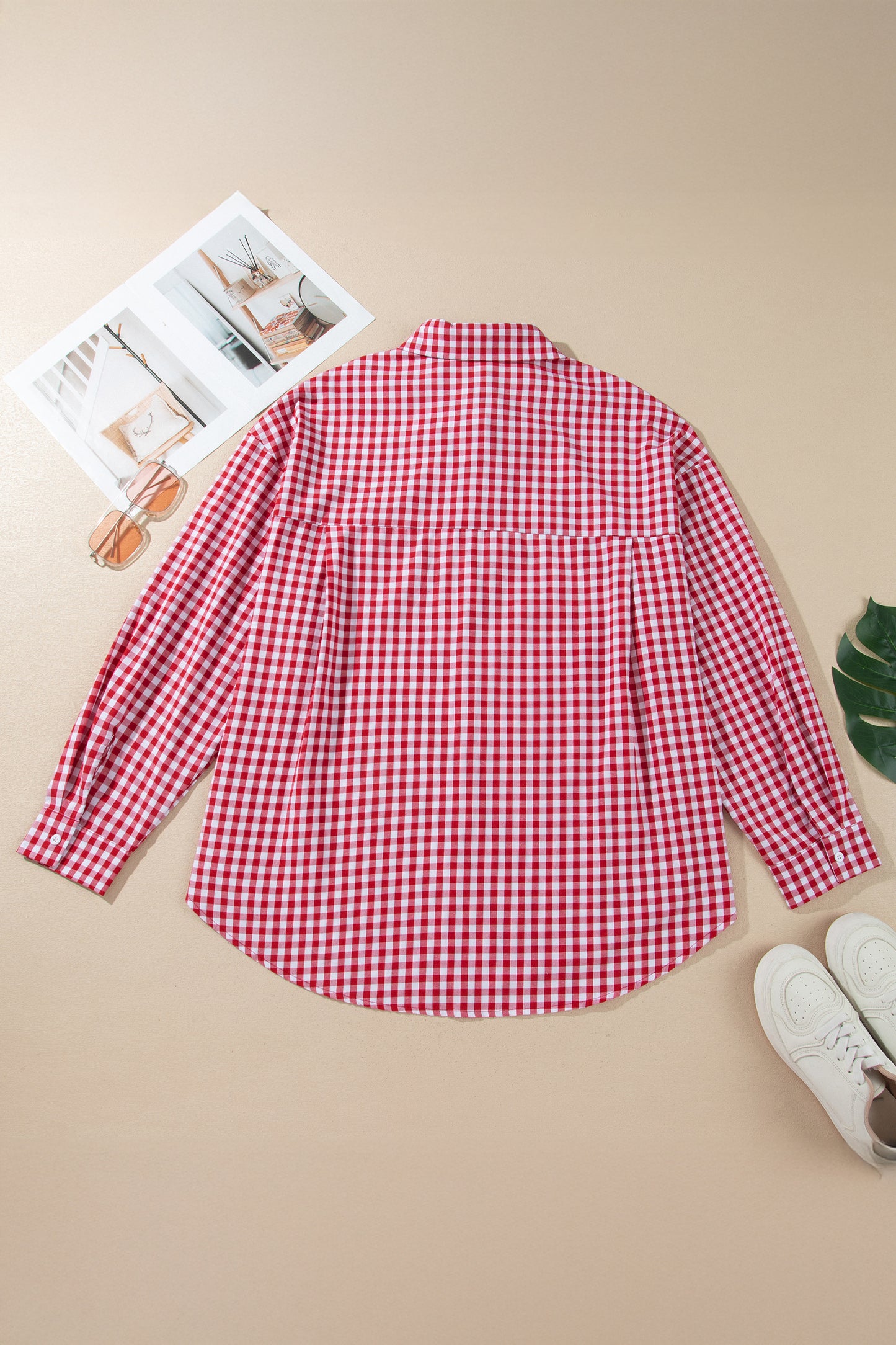 Red Plaid V Neck Long Sleeve Tunic Loose Fit Plus Size Shirt-Plus Size/Plus Size Tops/Plus Size Blouses & Shirts-[Adult]-[Female]-2022 Online Blue Zone Planet