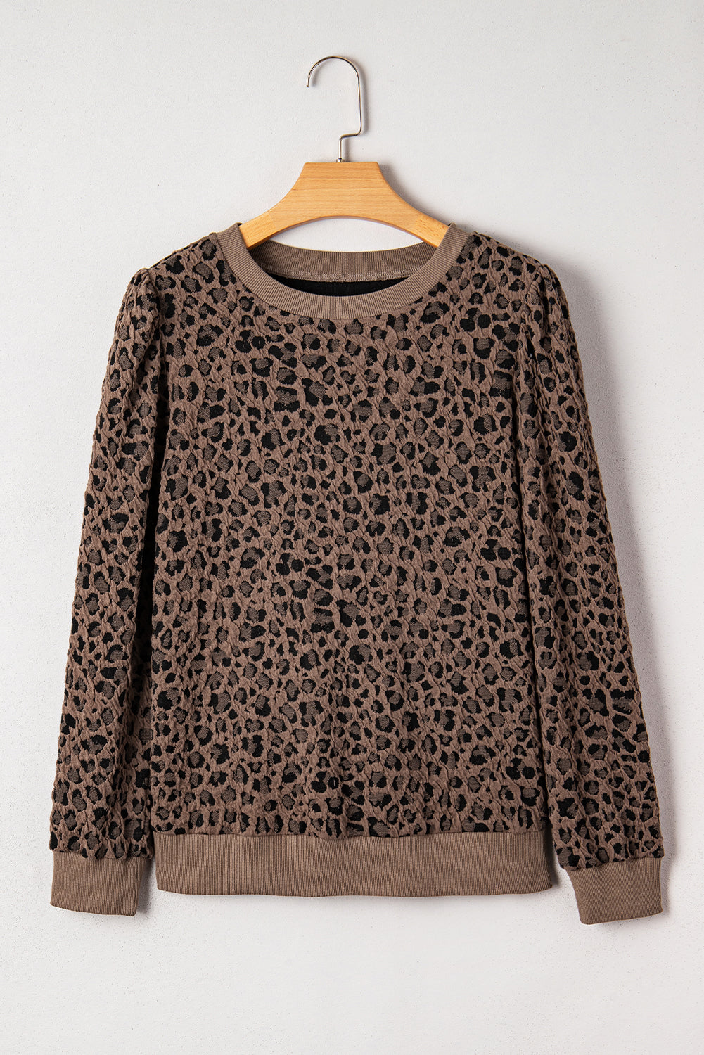 Brown Ribbed Trim Leopard Print Long Sleeve Top-Tops/Long Sleeve Tops-[Adult]-[Female]-Brown-S-2022 Online Blue Zone Planet