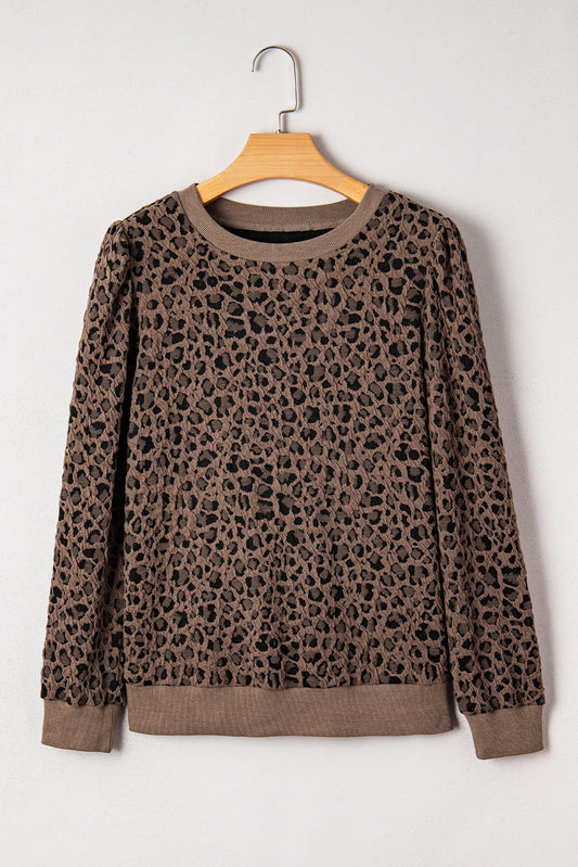 Brown Ribbed Trim Leopard Print Long Sleeve Top-Tops/Long Sleeve Tops-[Adult]-[Female]-Brown-S-2022 Online Blue Zone Planet