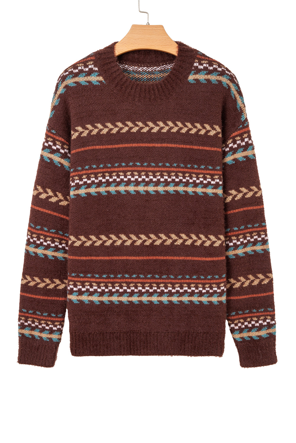 Brown Ethnic Pattern Mohair Knitted Drop Shoulder Sweater-TOPS / DRESSES-[Adult]-[Female]-2022 Online Blue Zone Planet