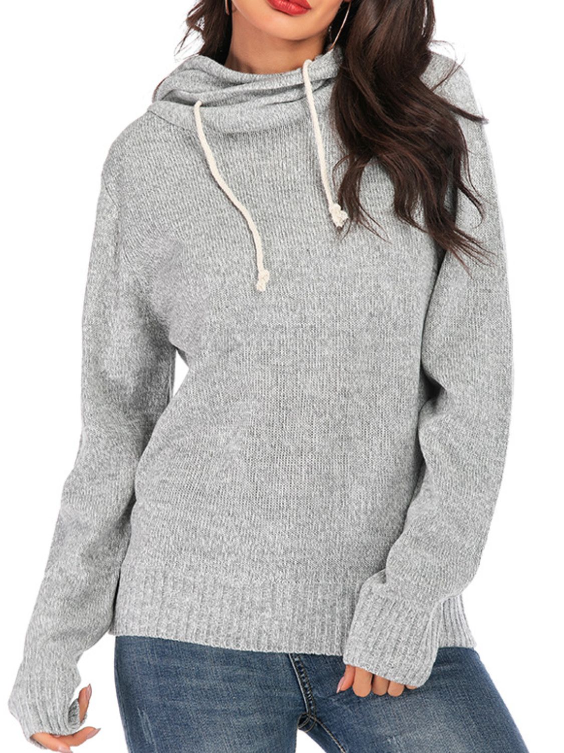 Drawstring Mock Neck Long Sleeve Sweater-TOPS / DRESSES-[Adult]-[Female]-2022 Online Blue Zone Planet