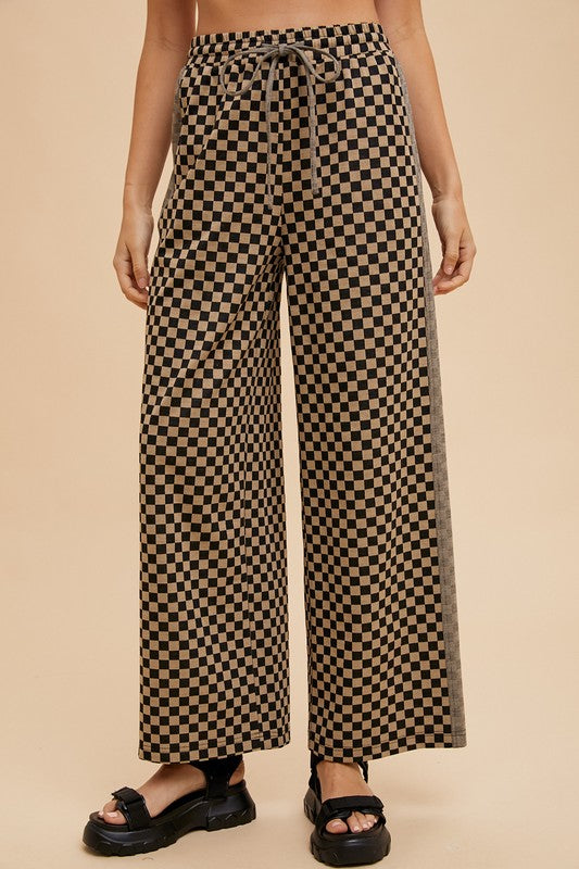 Annie Wear Drawstring Checkered Wide Leg Pants-BOTTOM SIZES SMALL MEDIUM LARGE-[Adult]-[Female]-2022 Online Blue Zone Planet