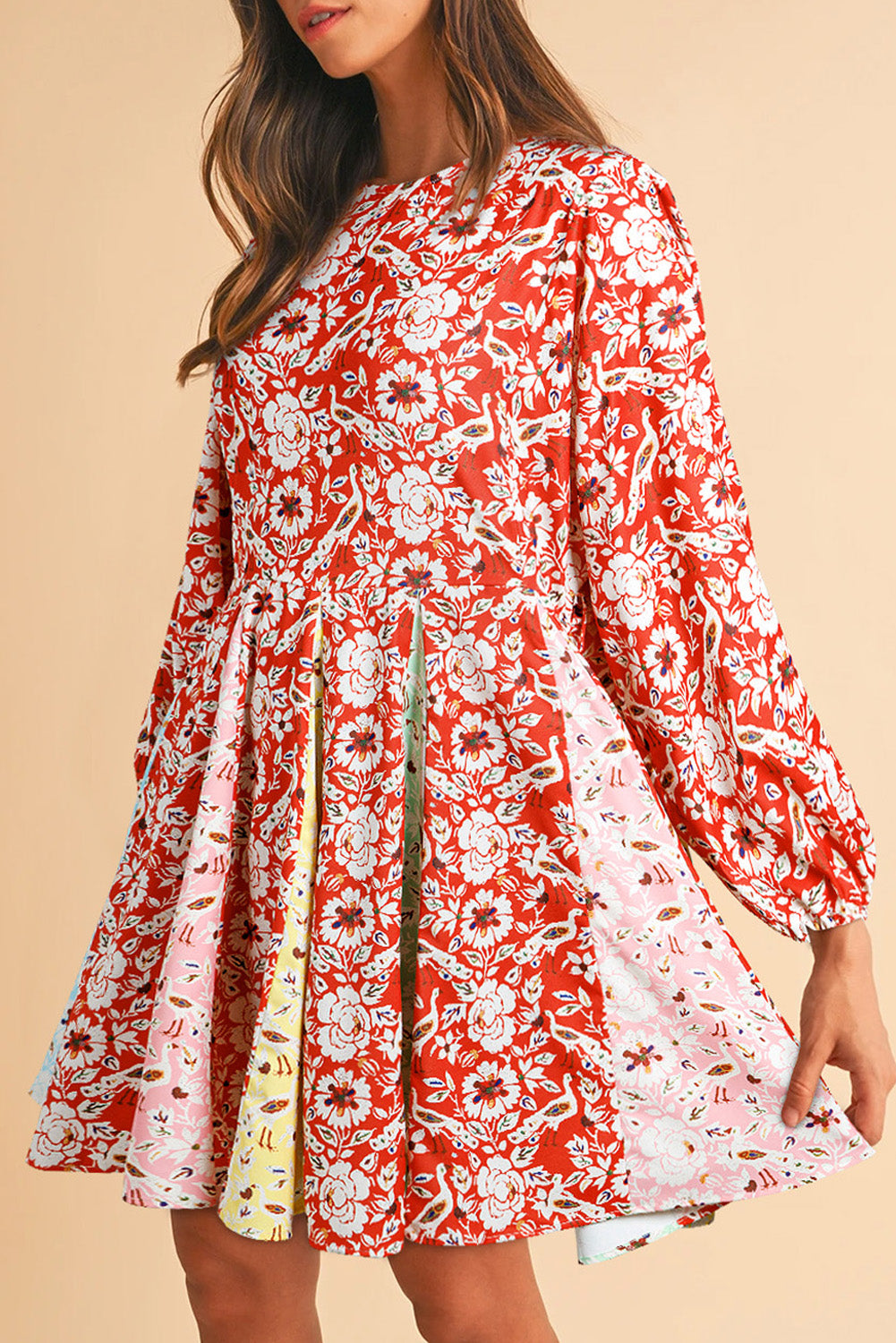 Red Colorful Floral Patchwork Long Sleeve Pleated Mini Dress Red / XL / 100%Polyester