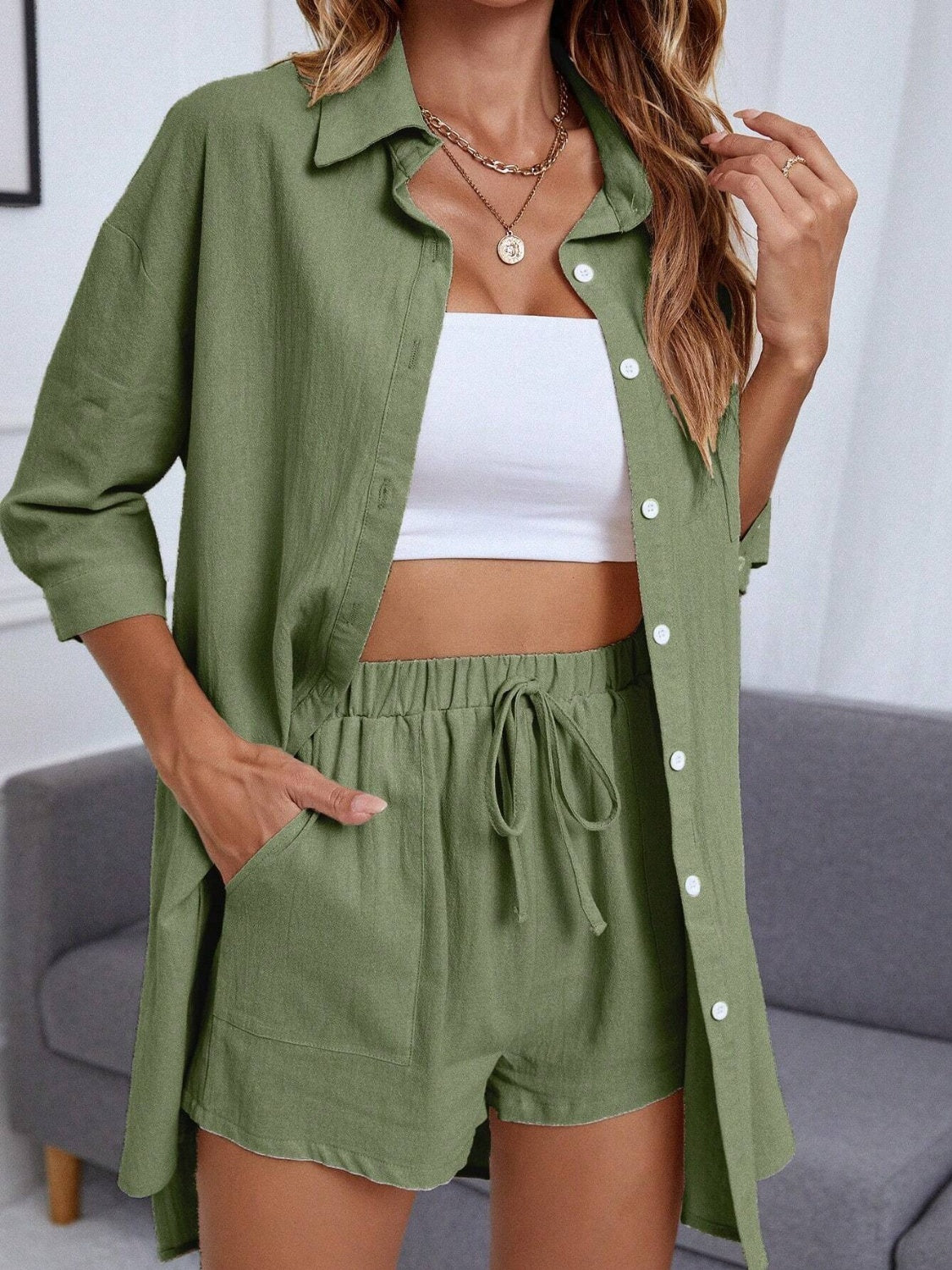 Dropped Shoulder Button Up Shirt and Shorts Set-TOPS / DRESSES-[Adult]-[Female]-Matcha Green-S-2022 Online Blue Zone Planet