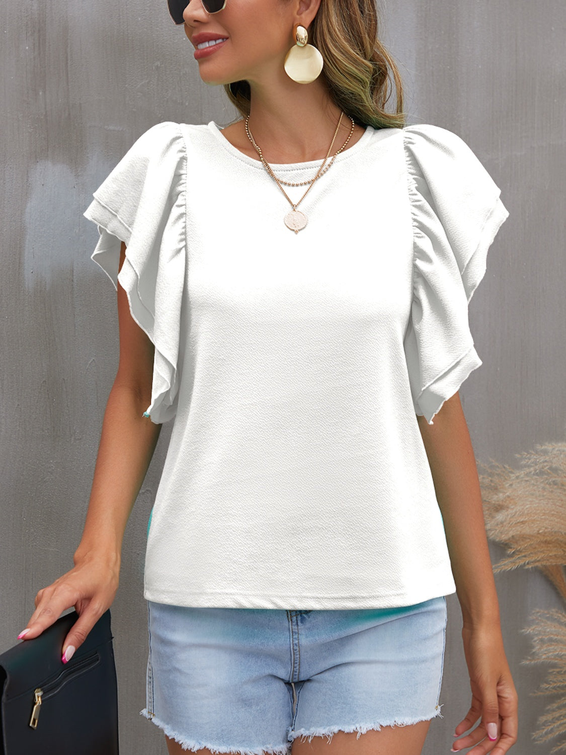 FAM-FAM Round Neck Flounce Sleeve Blouse-TOPS / DRESSES-[Adult]-[Female]-White-S-2022 Online Blue Zone Planet