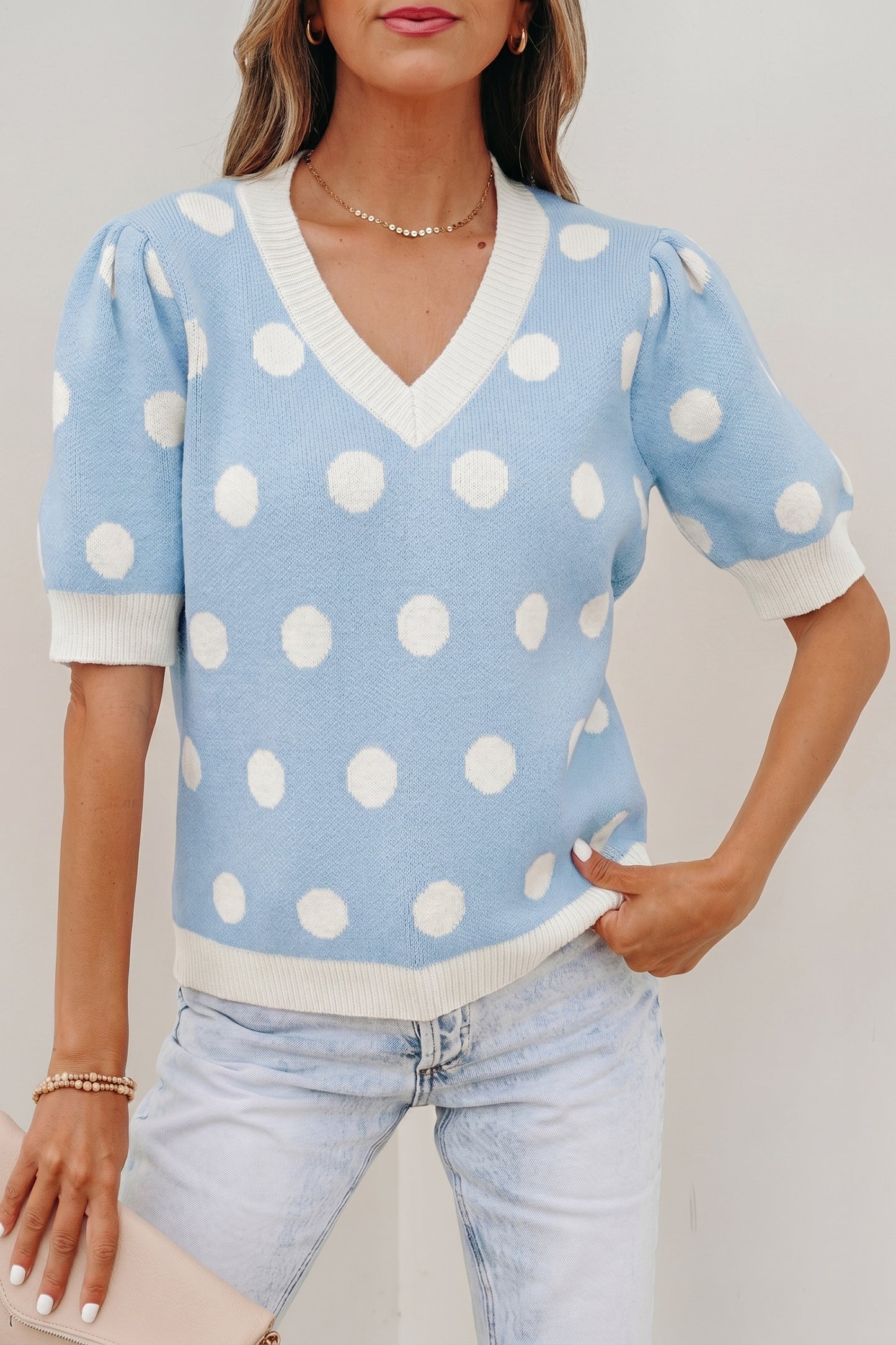Rose Red Polka Dot Puff Short Sleeve Sweater Top-Sweaters & Cardigans/Short Sleeve Sweaters-[Adult]-[Female]-2022 Online Blue Zone Planet