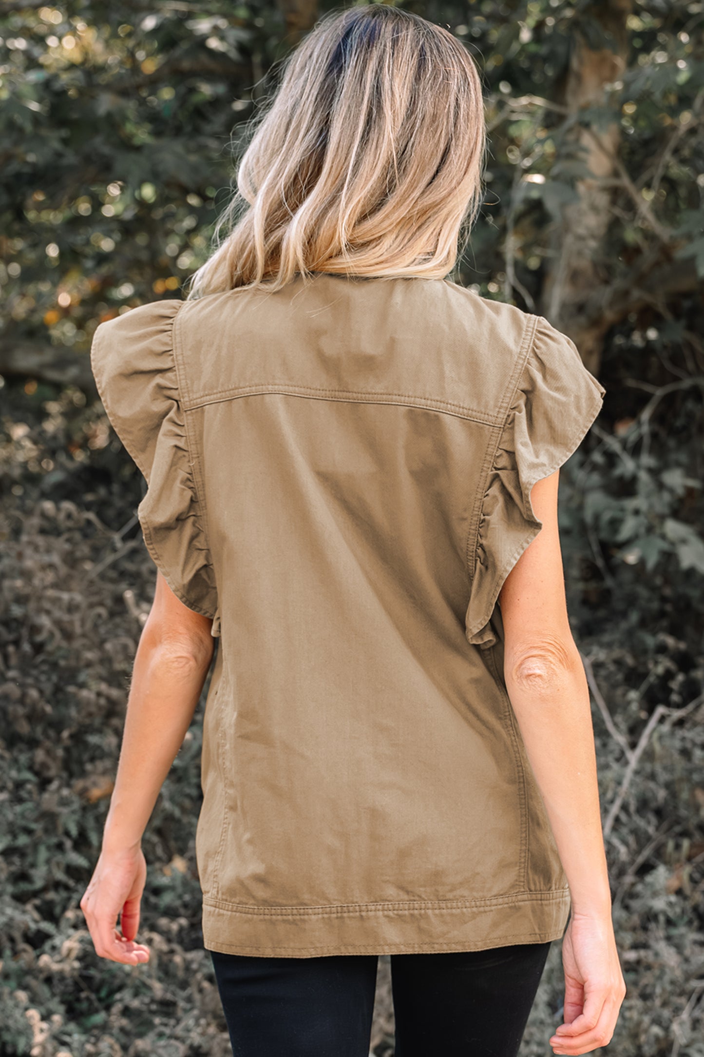 Pale Khaki Ruffled Patchwork Denim Jacket Vest-Outerwear/Vests-[Adult]-[Female]-2022 Online Blue Zone Planet