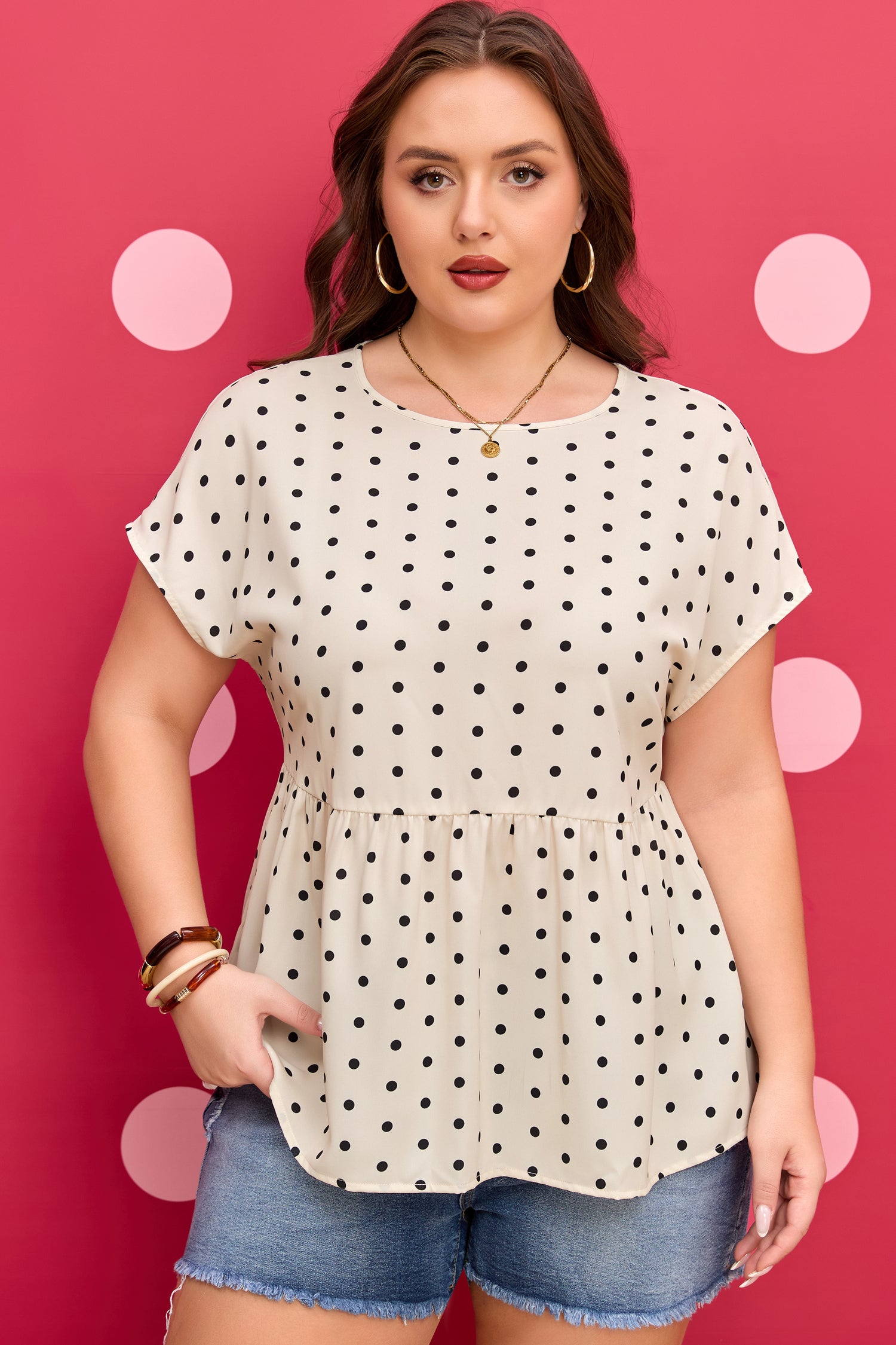 Apricot Plus Size Polka Dot Print Button Detail Short Sleeve Babydoll Blouse-Plus Size/Plus Size Tops/Plus Size Blouses & Shirts-[Adult]-[Female]-2022 Online Blue Zone Planet